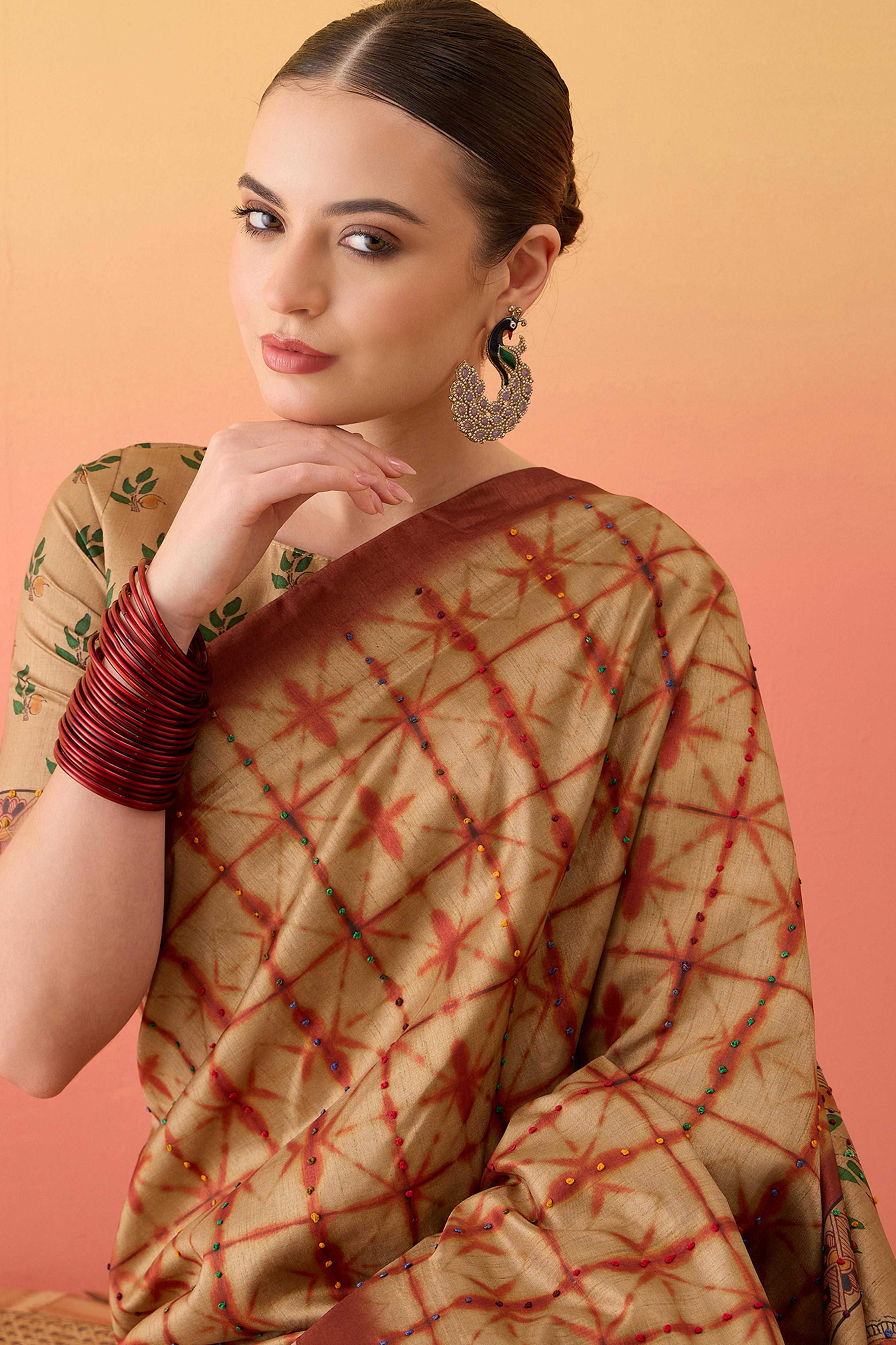 Beige Printed Kalamkari Cotton Silk Saree Flowy Drape Knot Detailing Traditional Grace