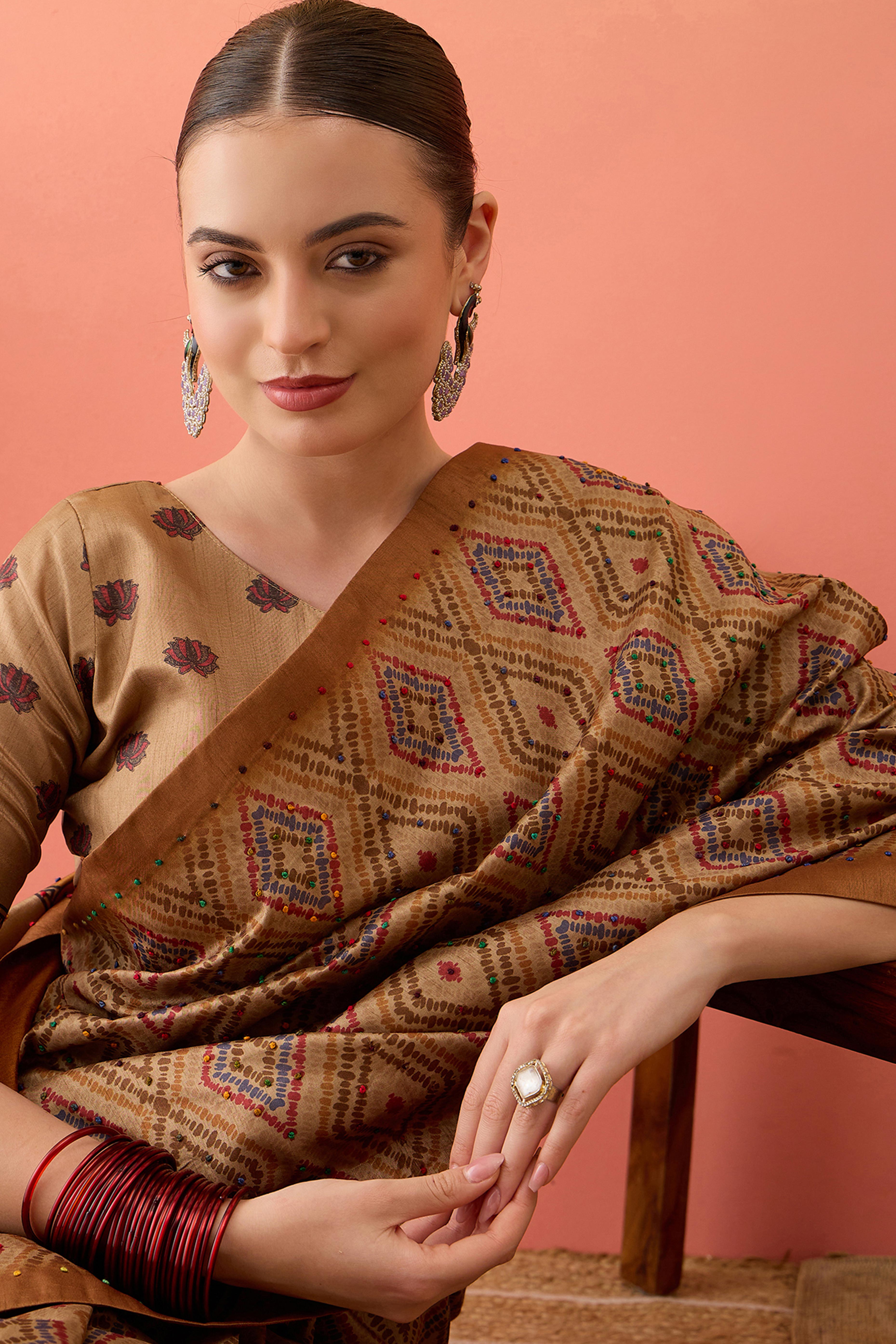 Beige Kalamkari Inspired Printed Cotton Silk Saree Intricate Knot Work Ethnic Artistry