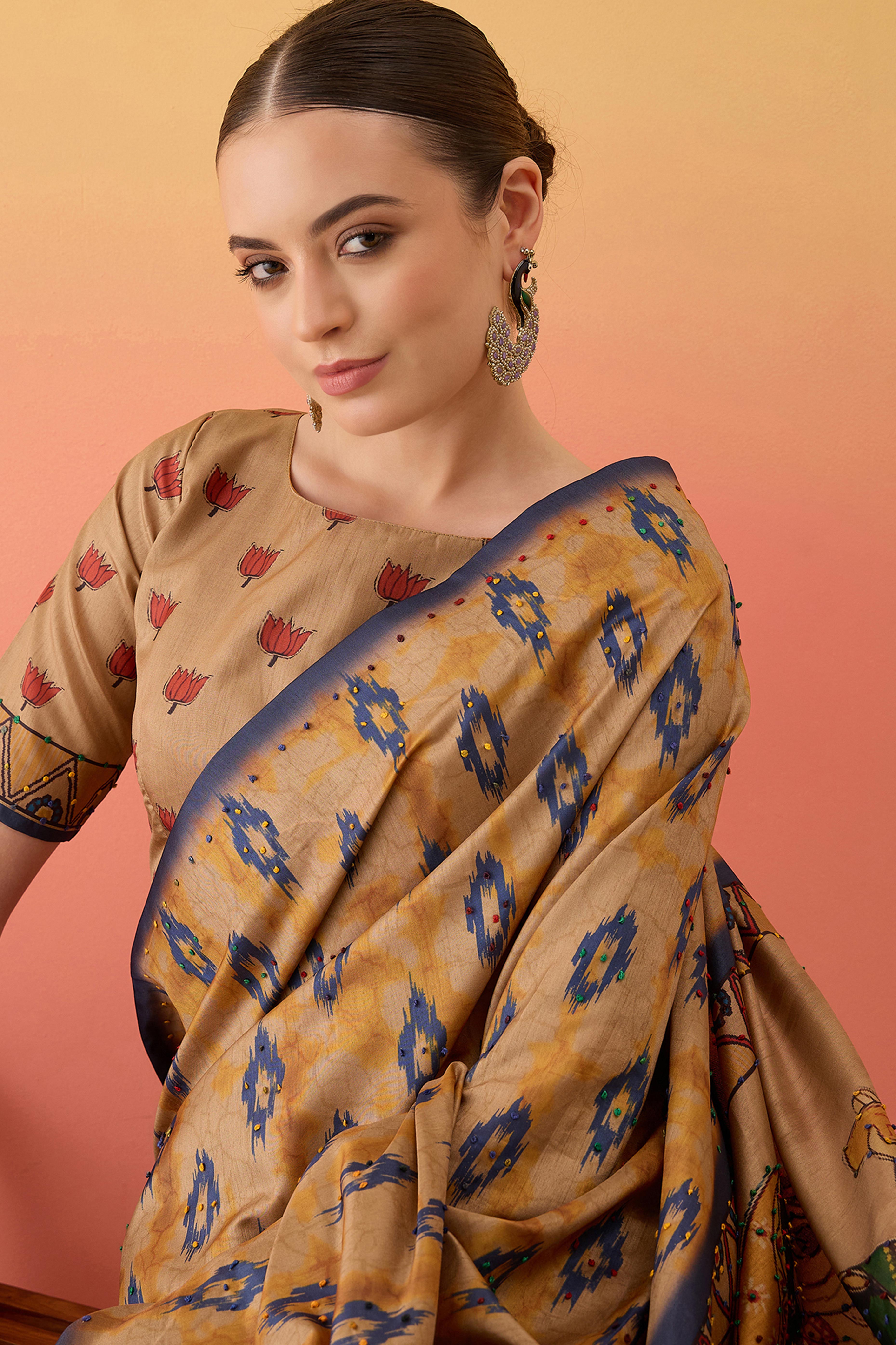 Beige Printed Kalamkari Cotton Silk Saree Exquisite Knot Work Detailing Ethnic Charm
