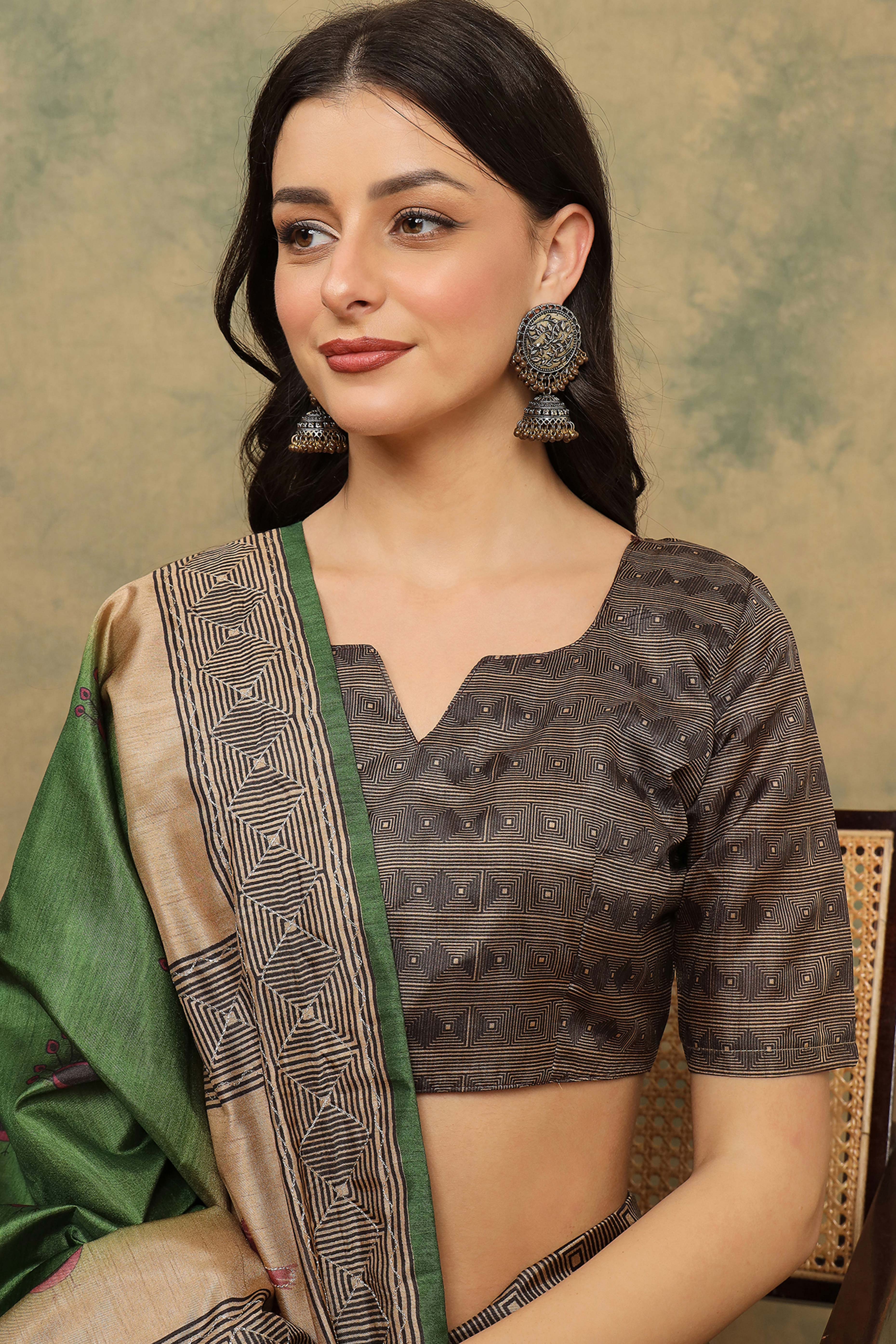 Green Warli Folk Art Printed Cotton Silk Saree Flowy Drape Festive Wear