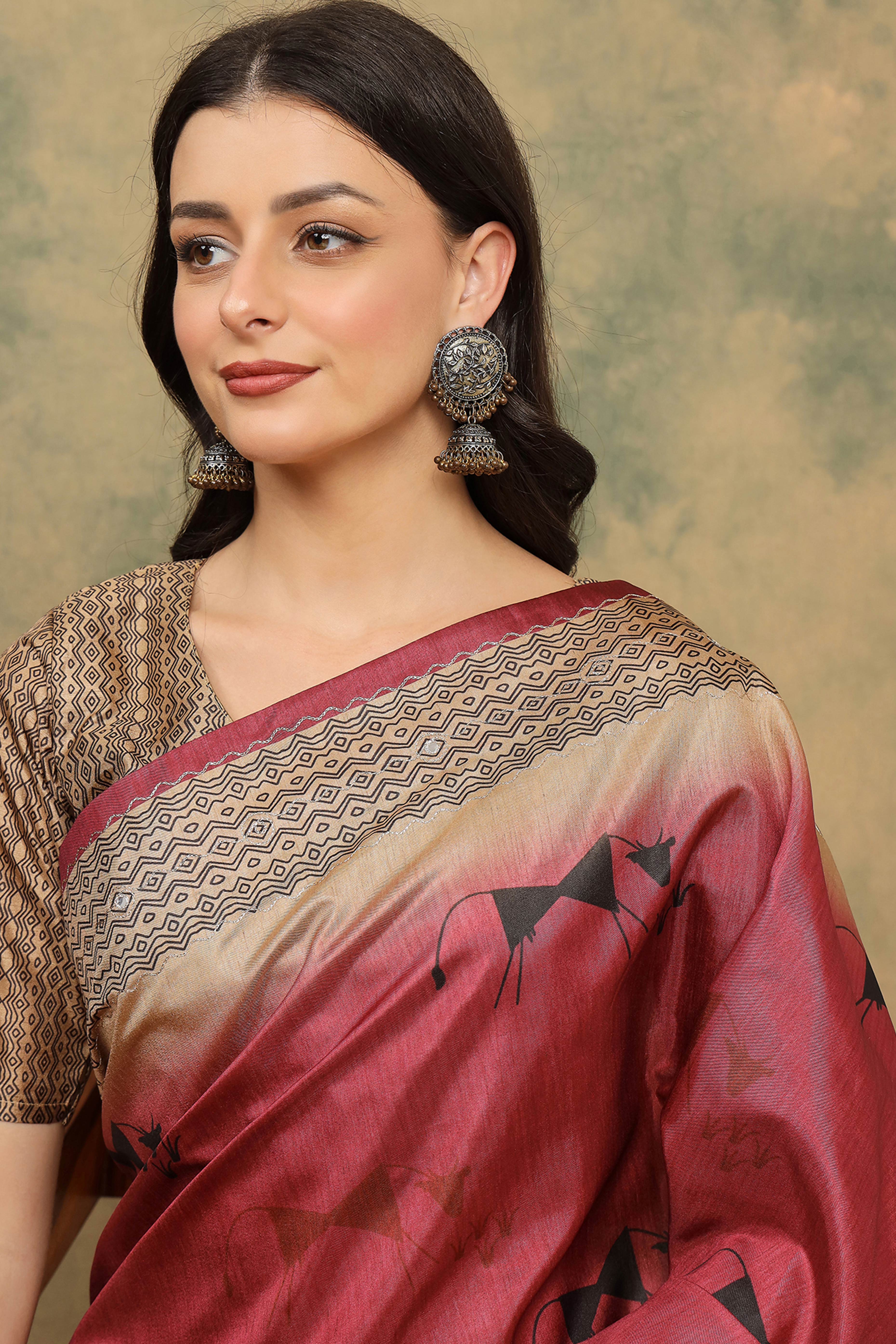 Red Warli Folk Art Printed Cotton Silk Saree Flowy Drape Festive Wear