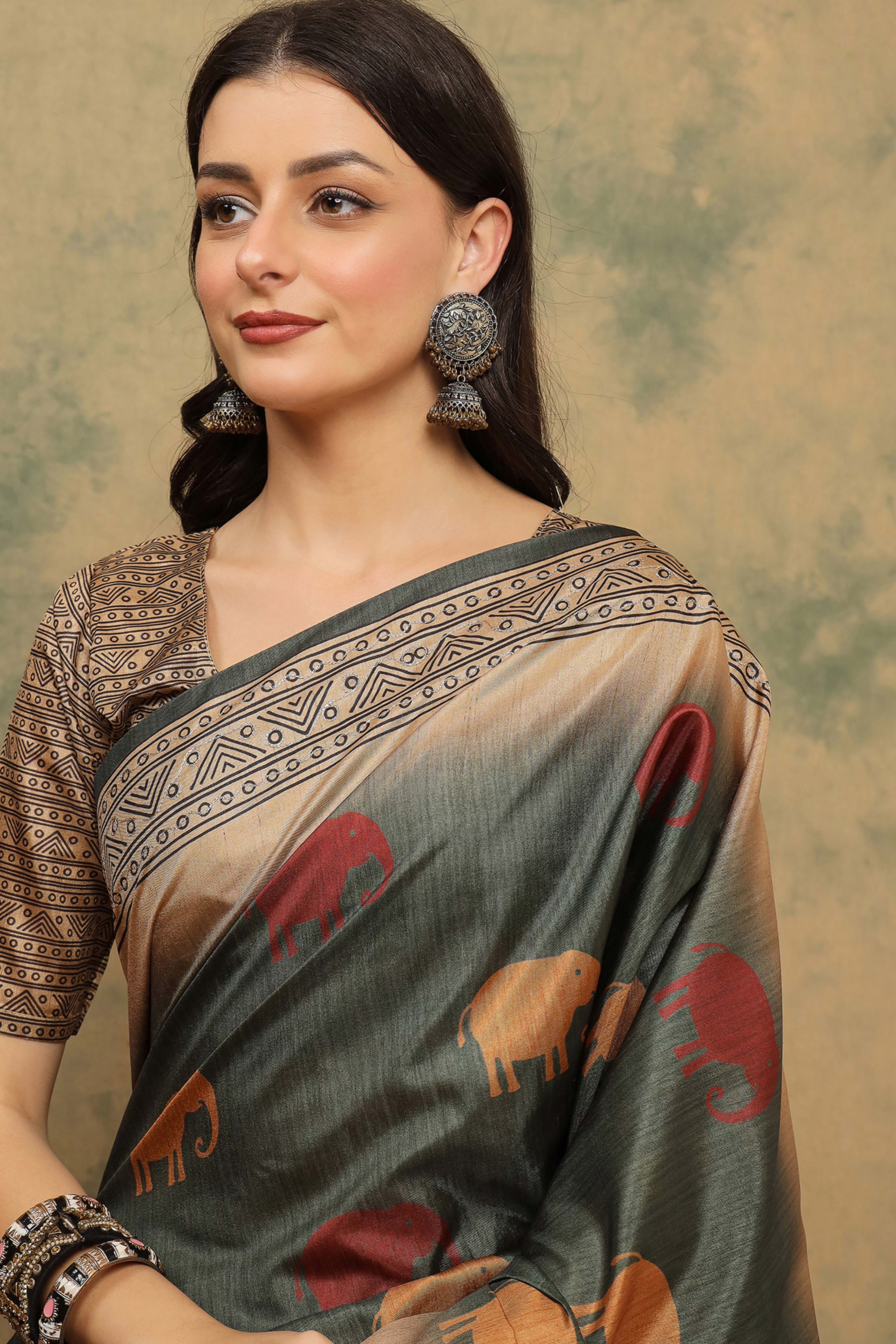 Greyish Green Warli Folk Art Printed Cotton Silk Saree Flowy Drape Festive Wear