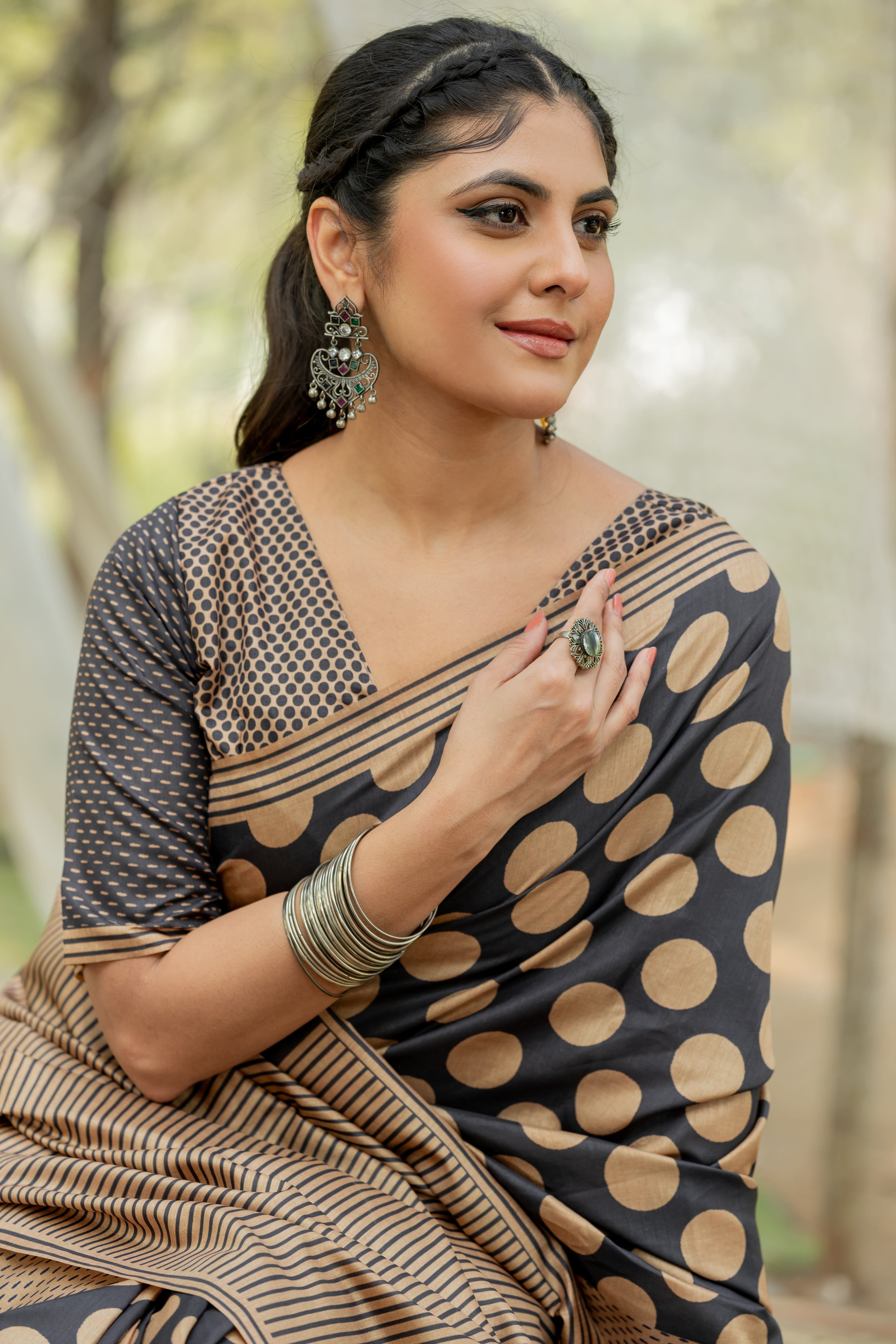 Black Kozi Cotton Silk Saree Showcasing Digital Prints and Soft Tassel Edging