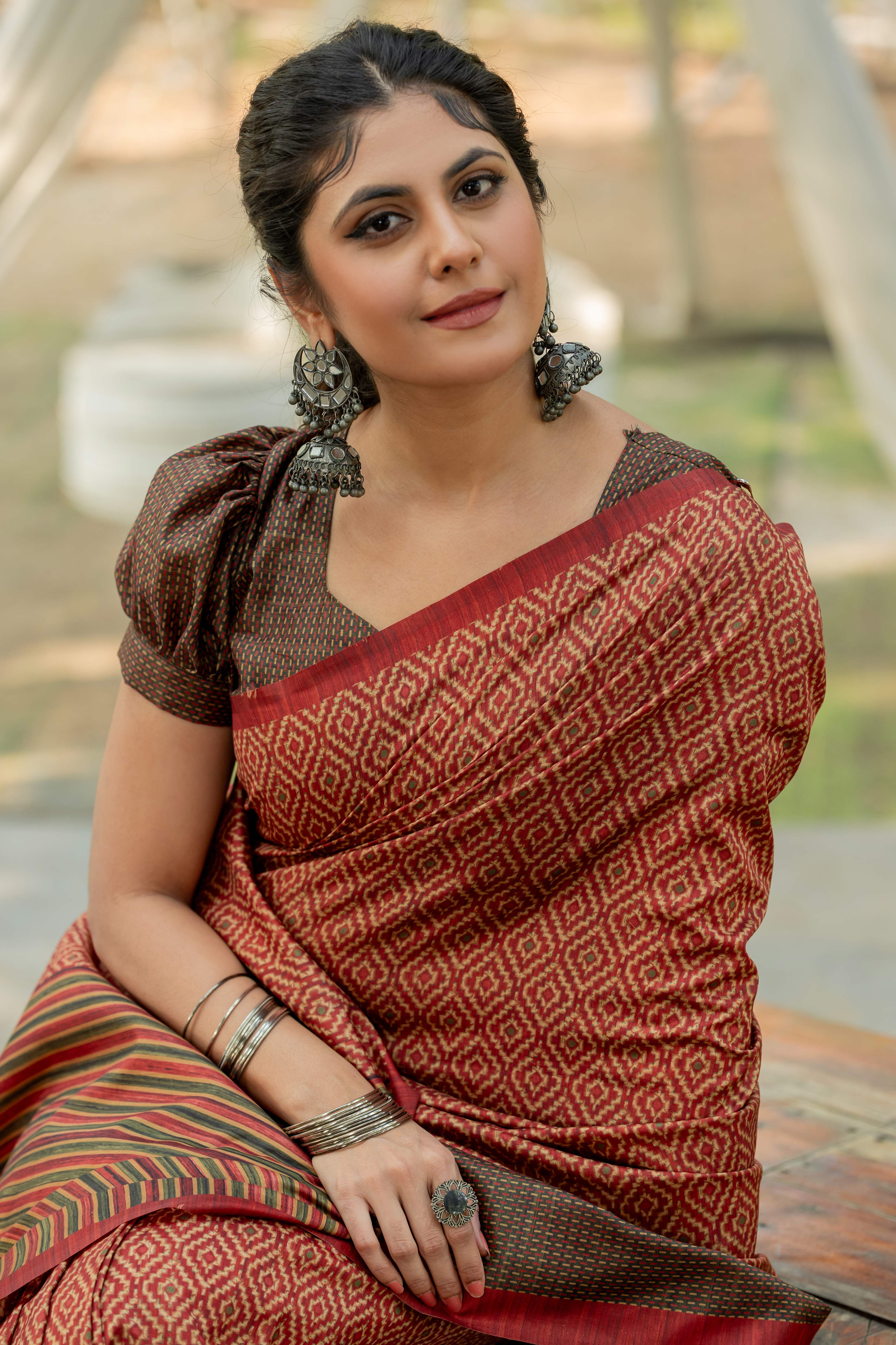 Rust Kozi Cotton Silk Saree Showcasing Digital Prints and Soft Tassel Edging