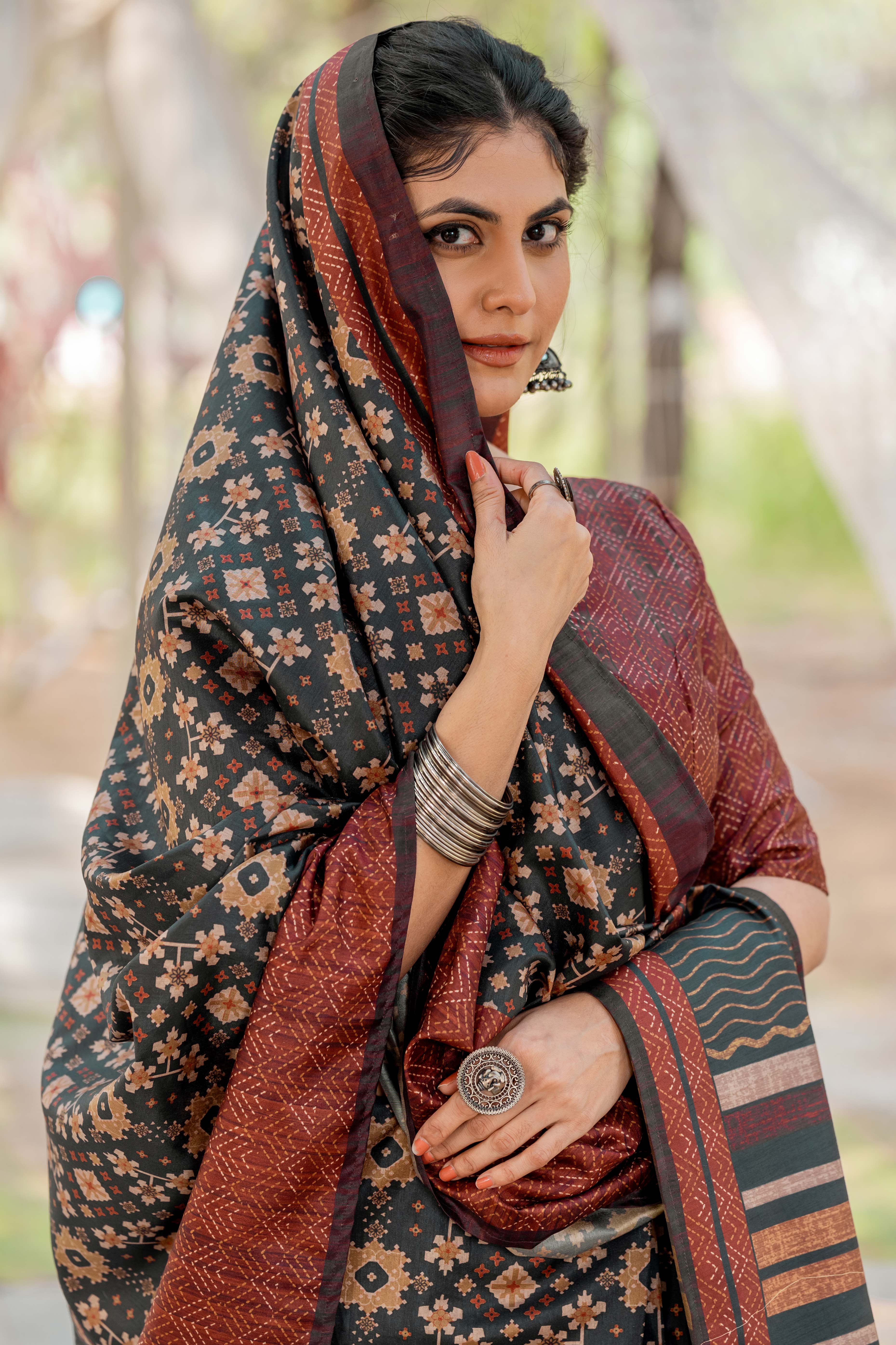 Black Kozi Cotton Silk Saree With Digital Prints and Soft Tassel Edging