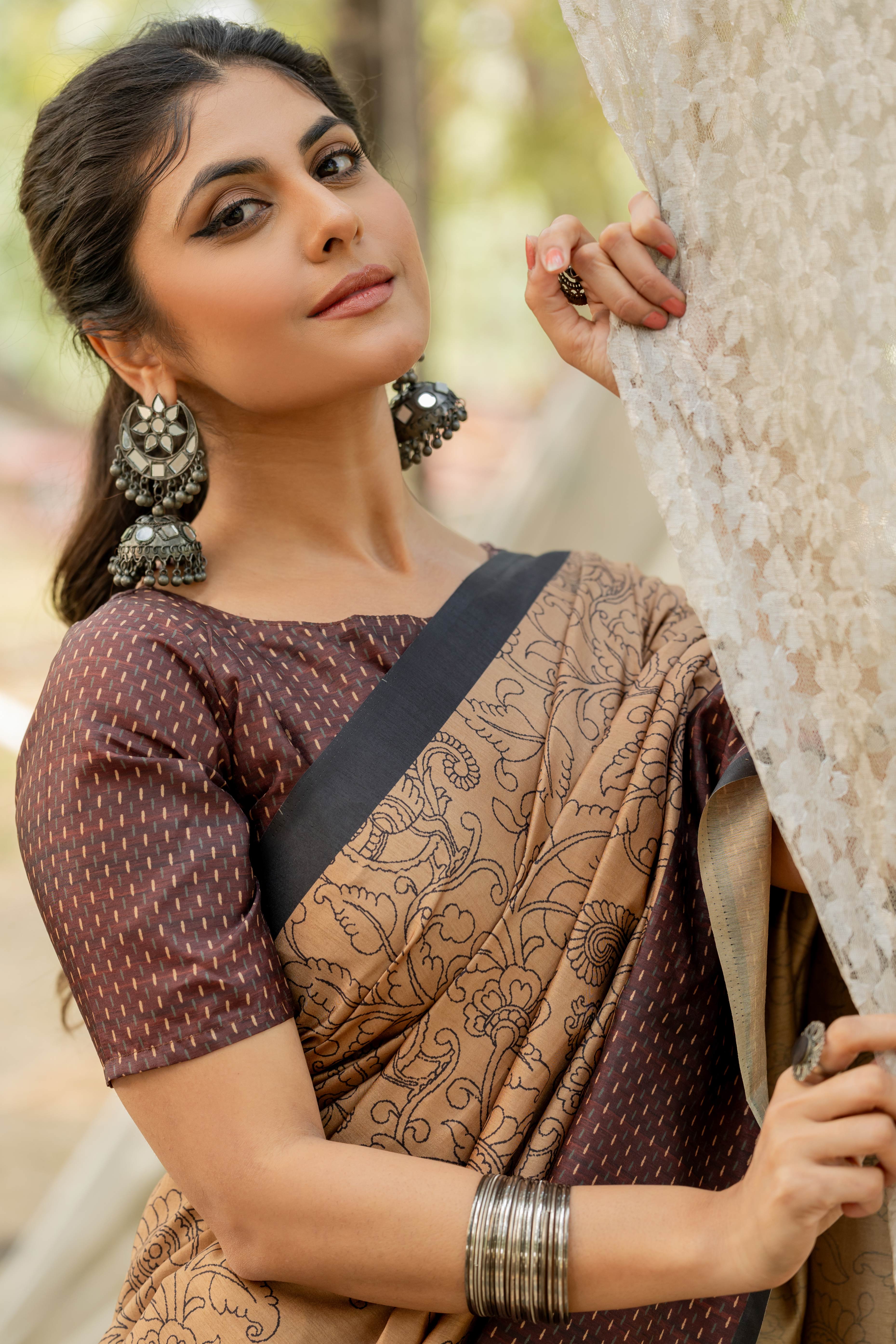 Beige Kozi Cotton Silk Saree Showcasing Digital Prints and Soft Tassel Edging