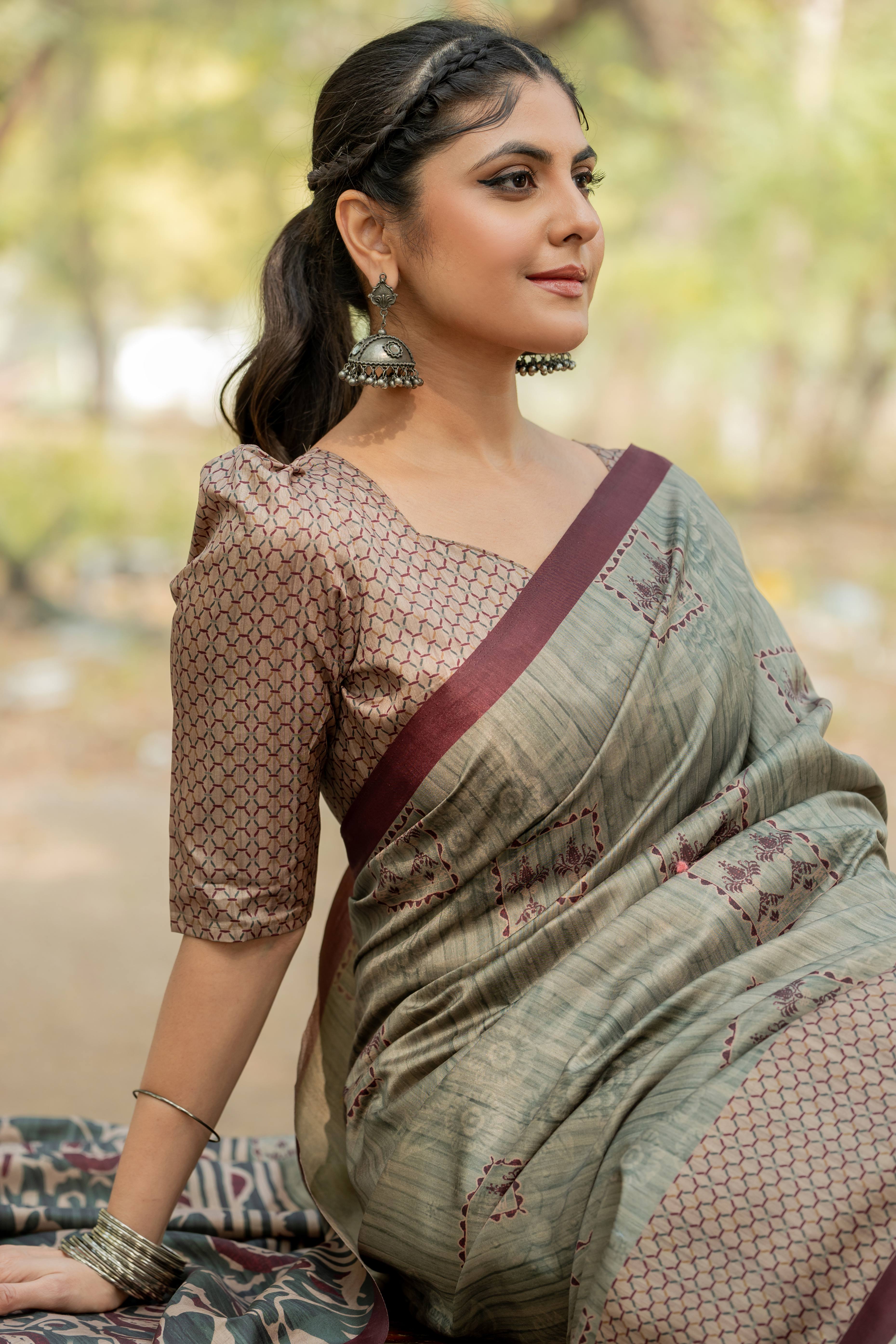 Sage Green Kozi Cotton Silk Saree Showcasing Digital Prints and Soft Tassel Edging