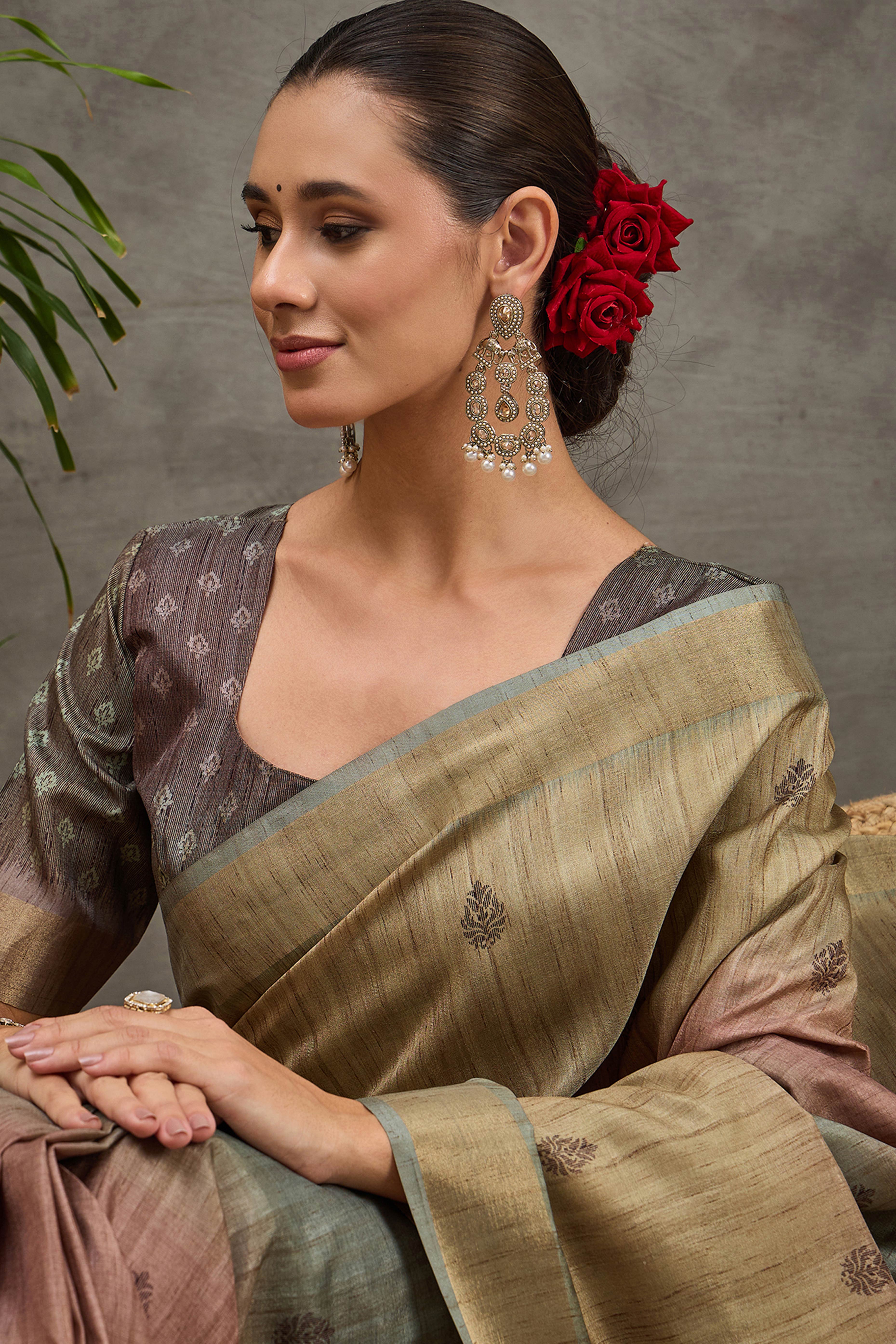 Olive Festive Wear Art Silk Saree Featuring Intricate Floral Weaving