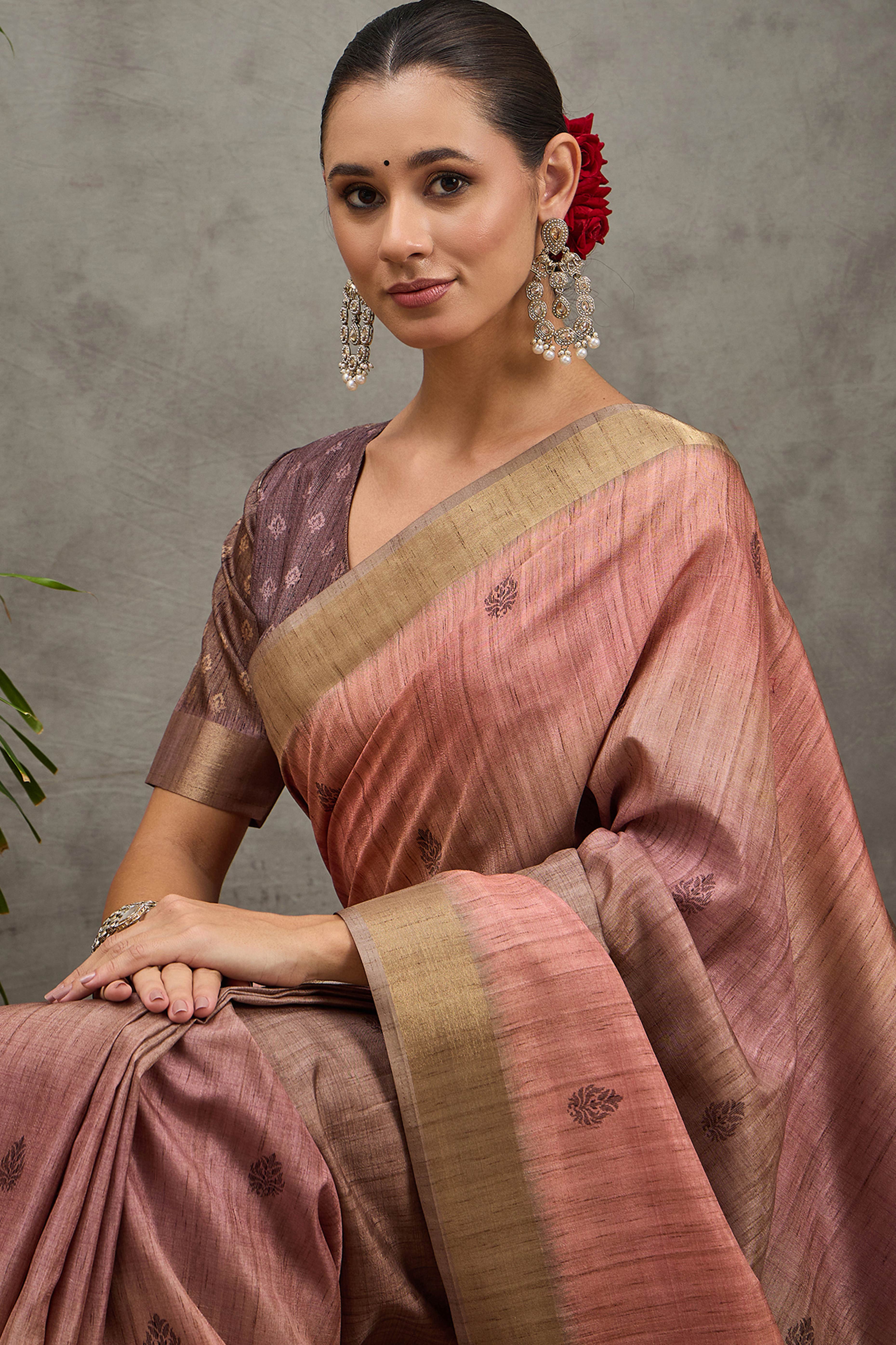 Peach Festive Wear Art Silk Saree Featuring Intricate Floral Weaving