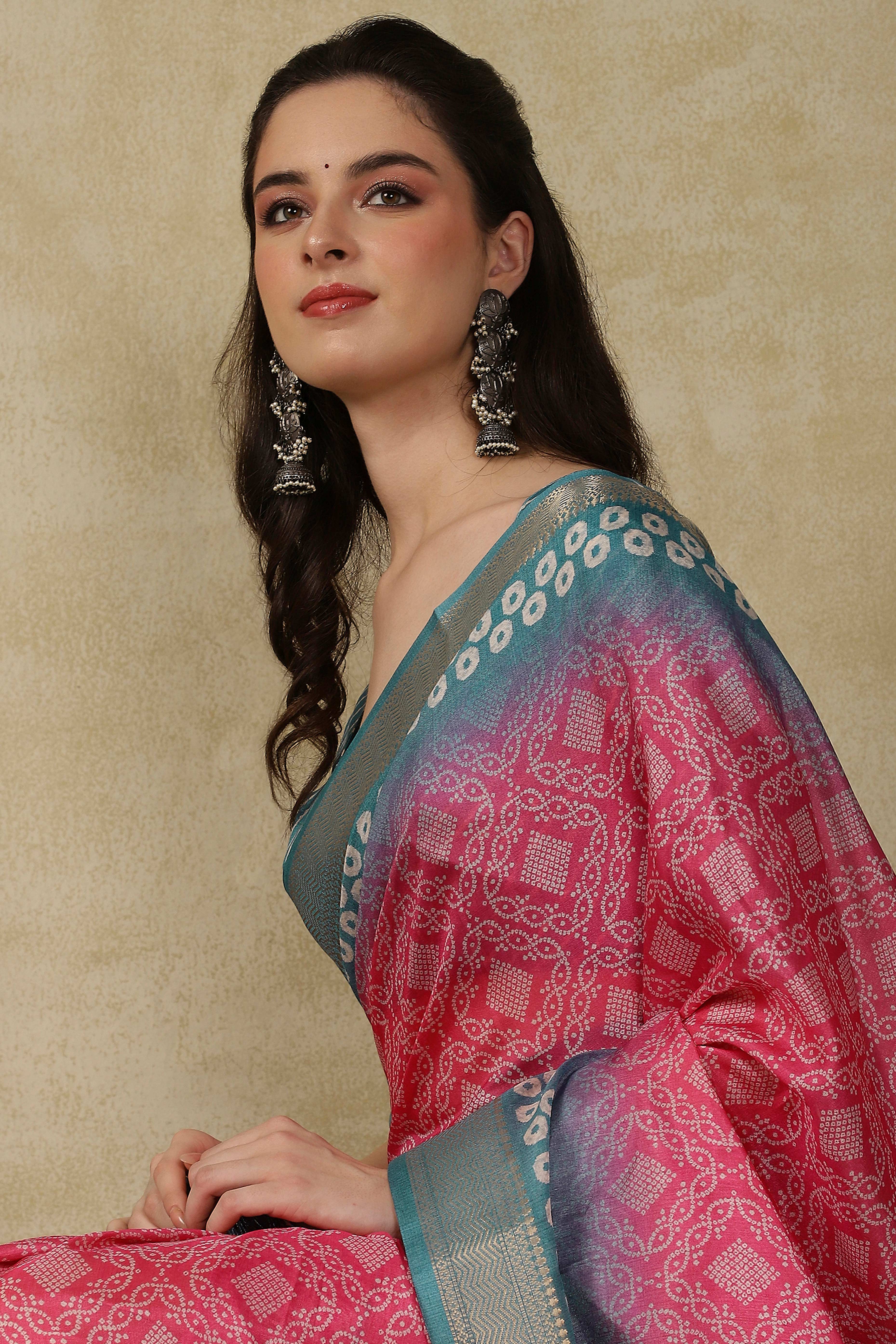 Luxury Pink & Teal Bandhani Print Cotton Silk Saree Featuring Weaving Border & Tassel Pallu