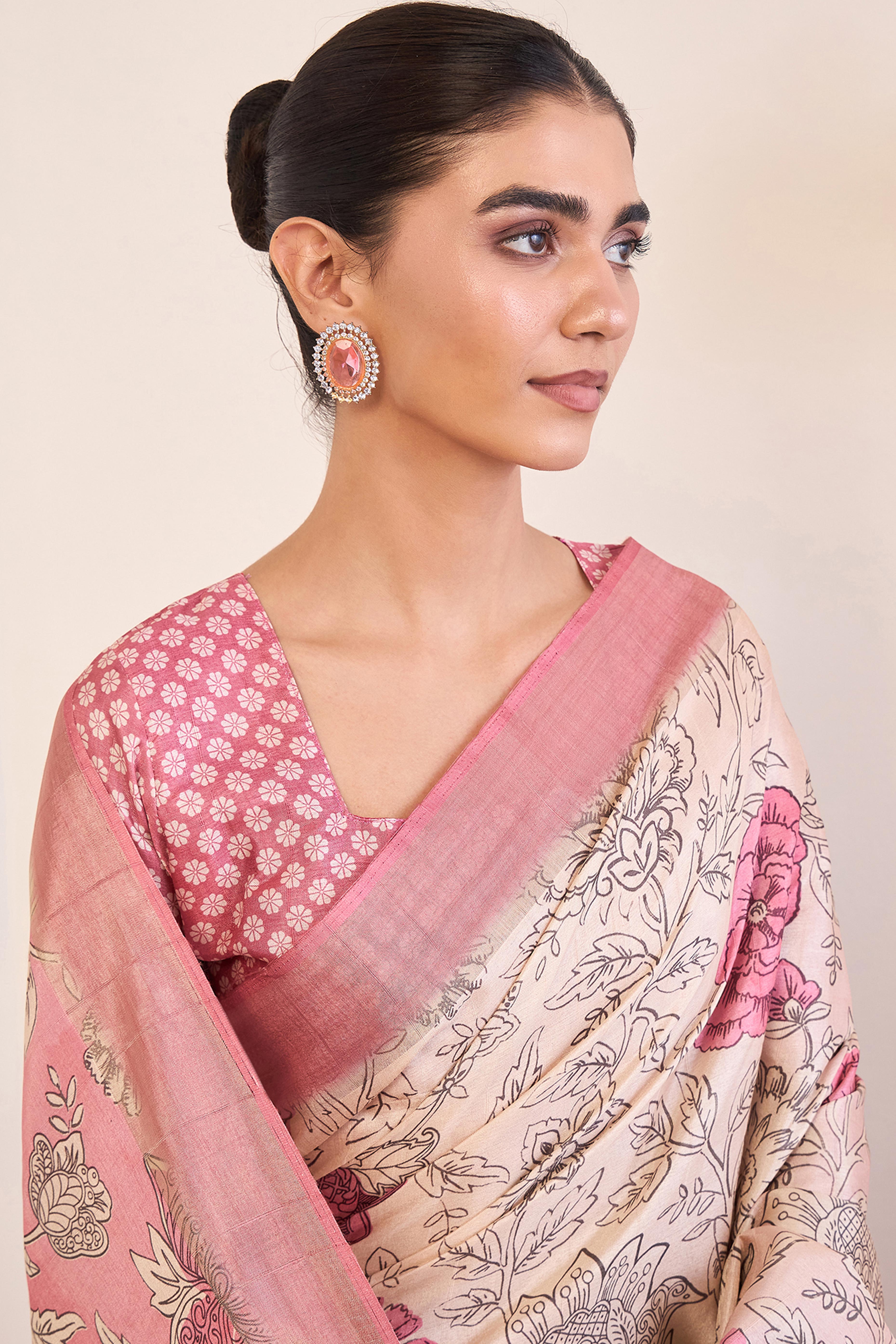 Elegant Pink Floral Printed Kotha Cotton Silk Saree Reflecting Subtle Sophistication