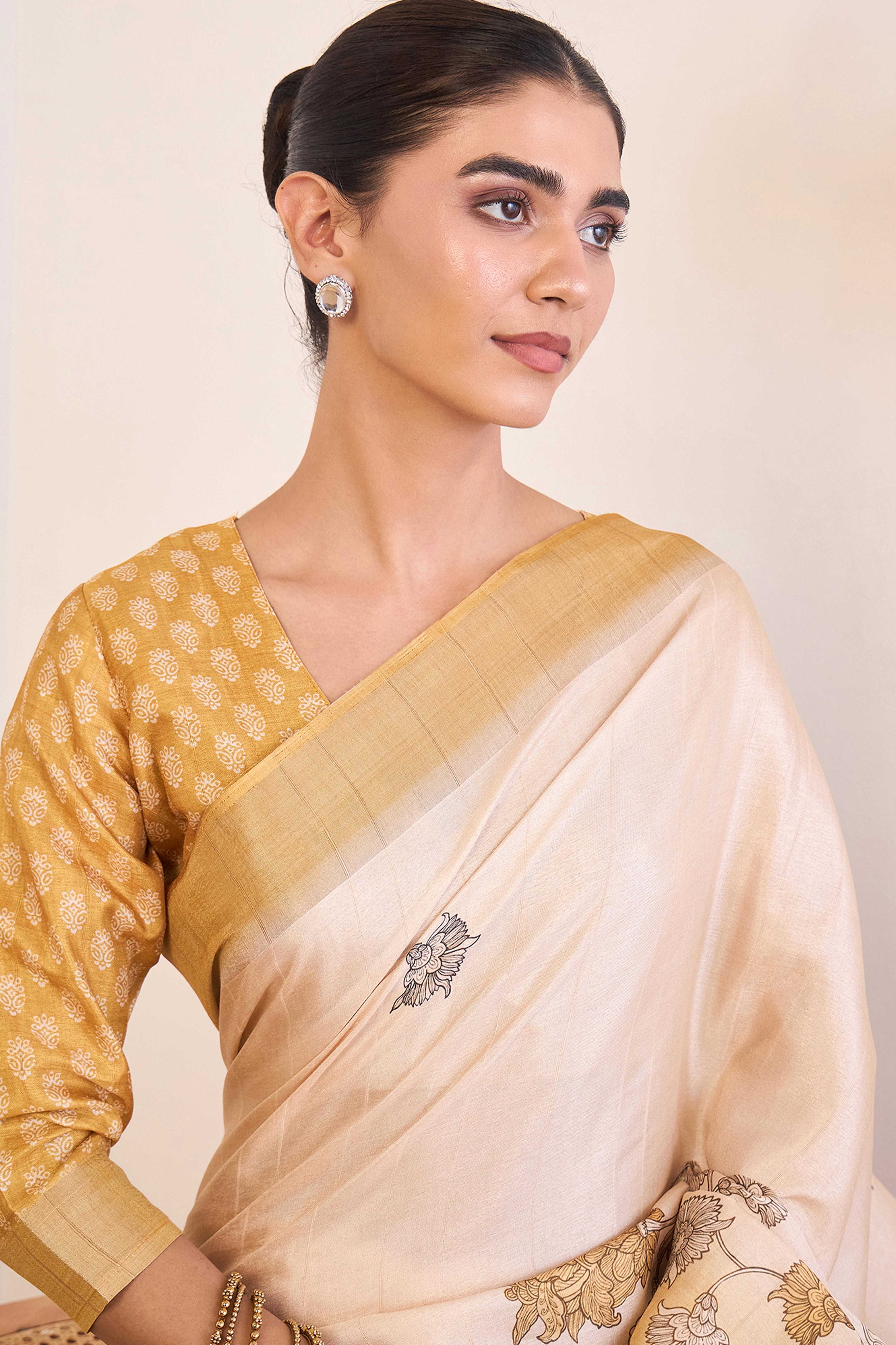 Elegant Light Mustard Floral Printed Kotha Cotton Silk Saree Reflecting Subtle Sophistication