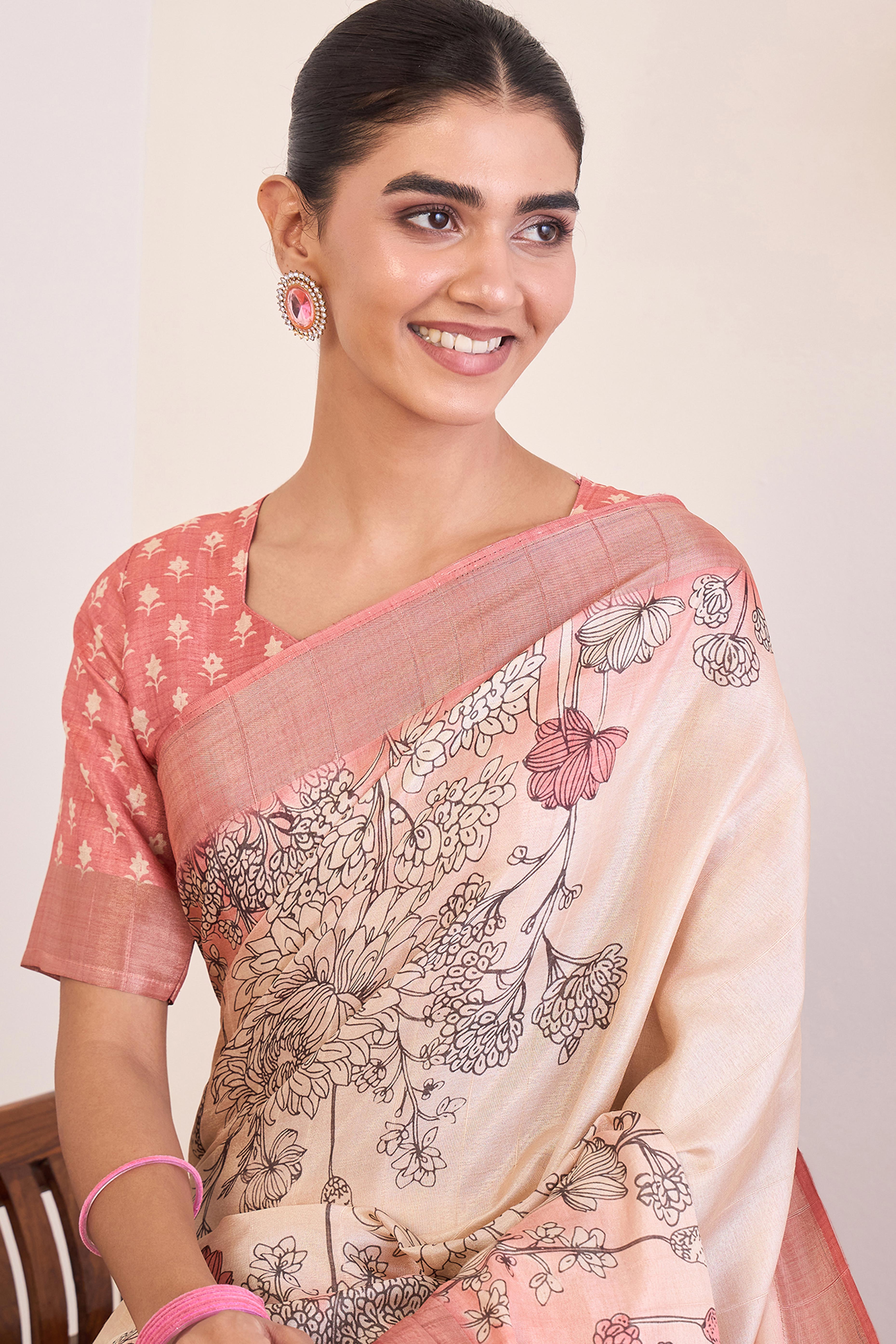 Elegant Peach Floral Printed Kotha Cotton Silk Saree Reflecting Subtle Sophistication