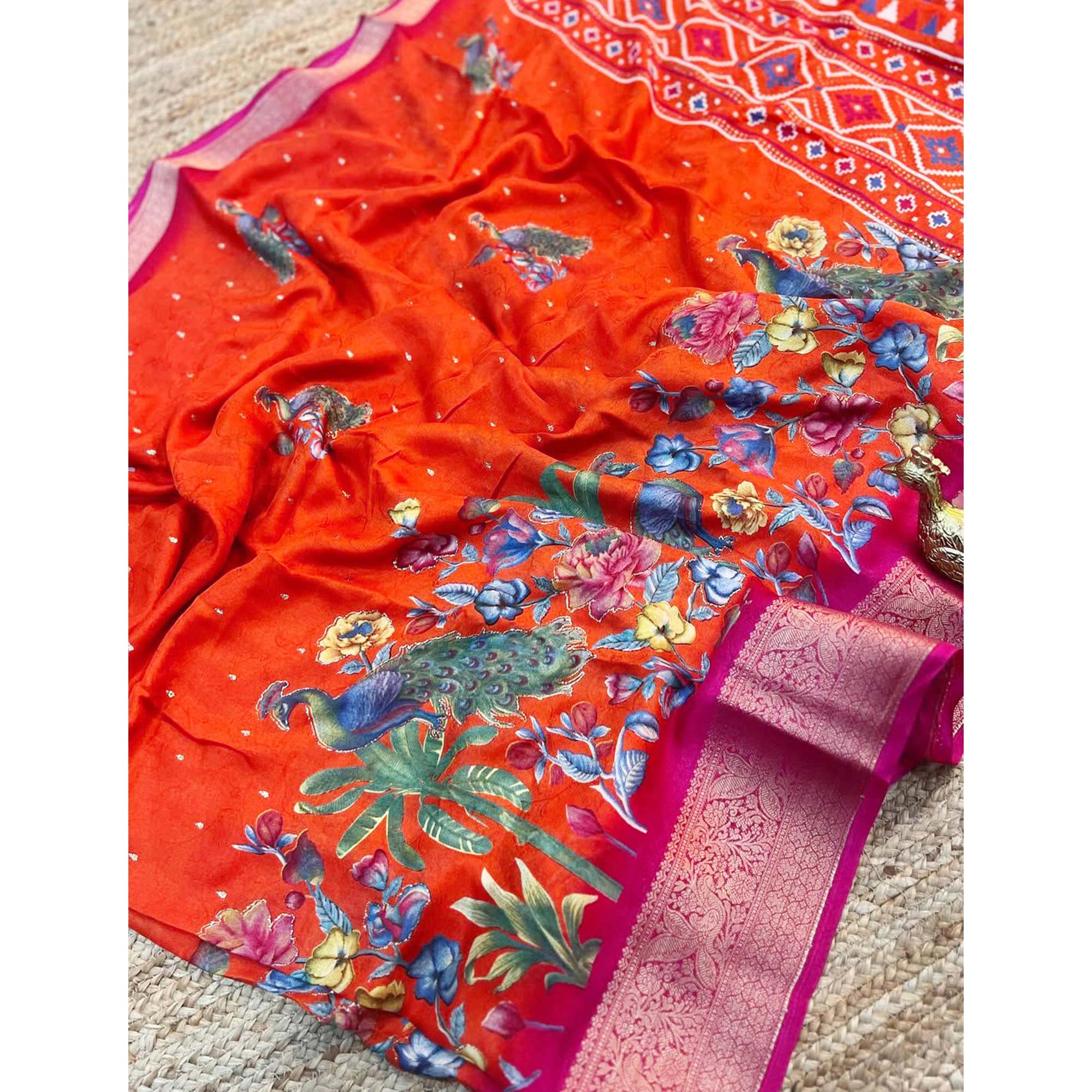 Elegant Orange Peacock & Floral Printed Georgette Saree Accented With Gleaming Weaving Zari Border