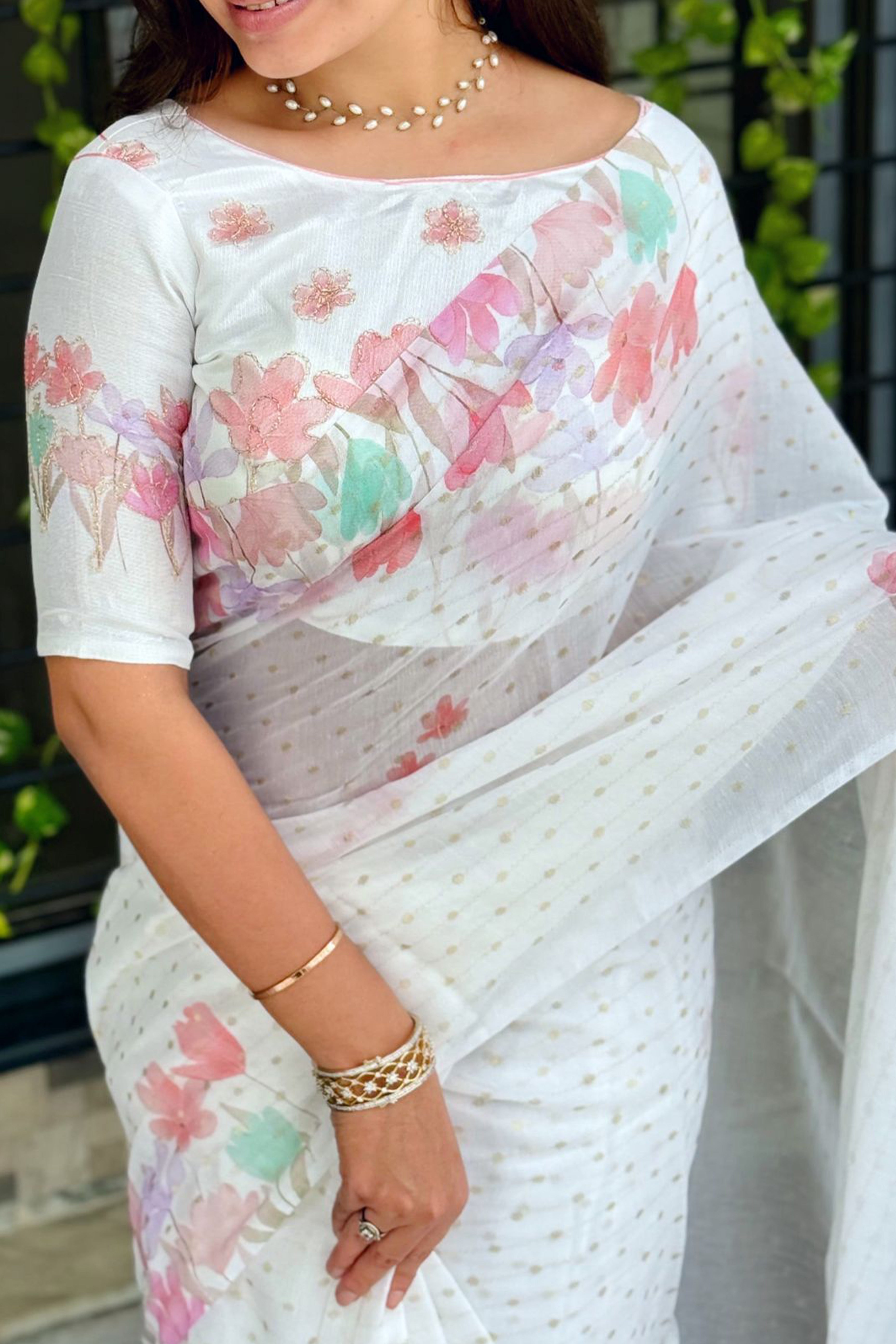 White Linen Cotton Saree with Beautiful and Vibrant Digital Printed Designs