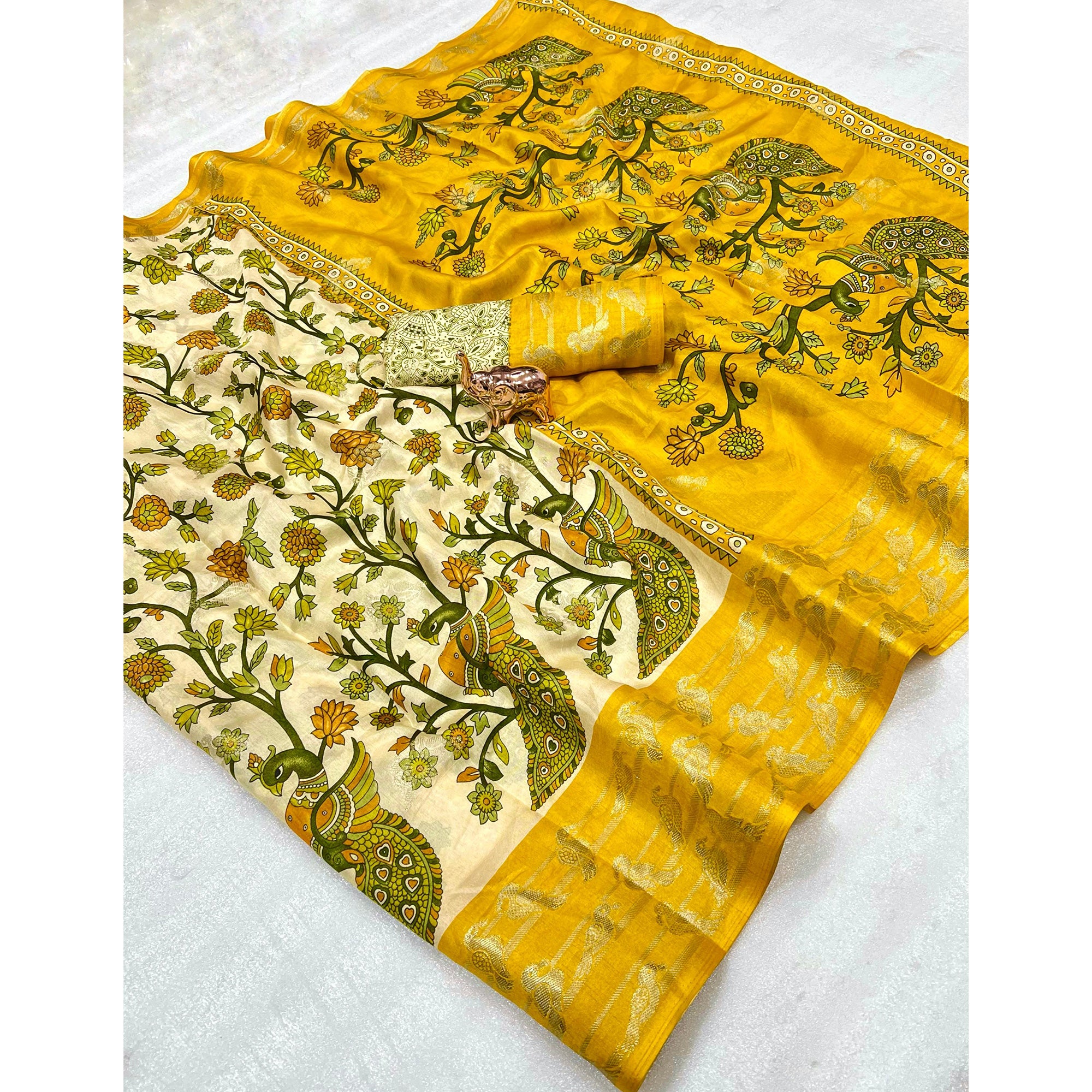 Elegant Cream & Yellow Cotton Blend Saree Adorned With Vibrant Peacock Floral Print