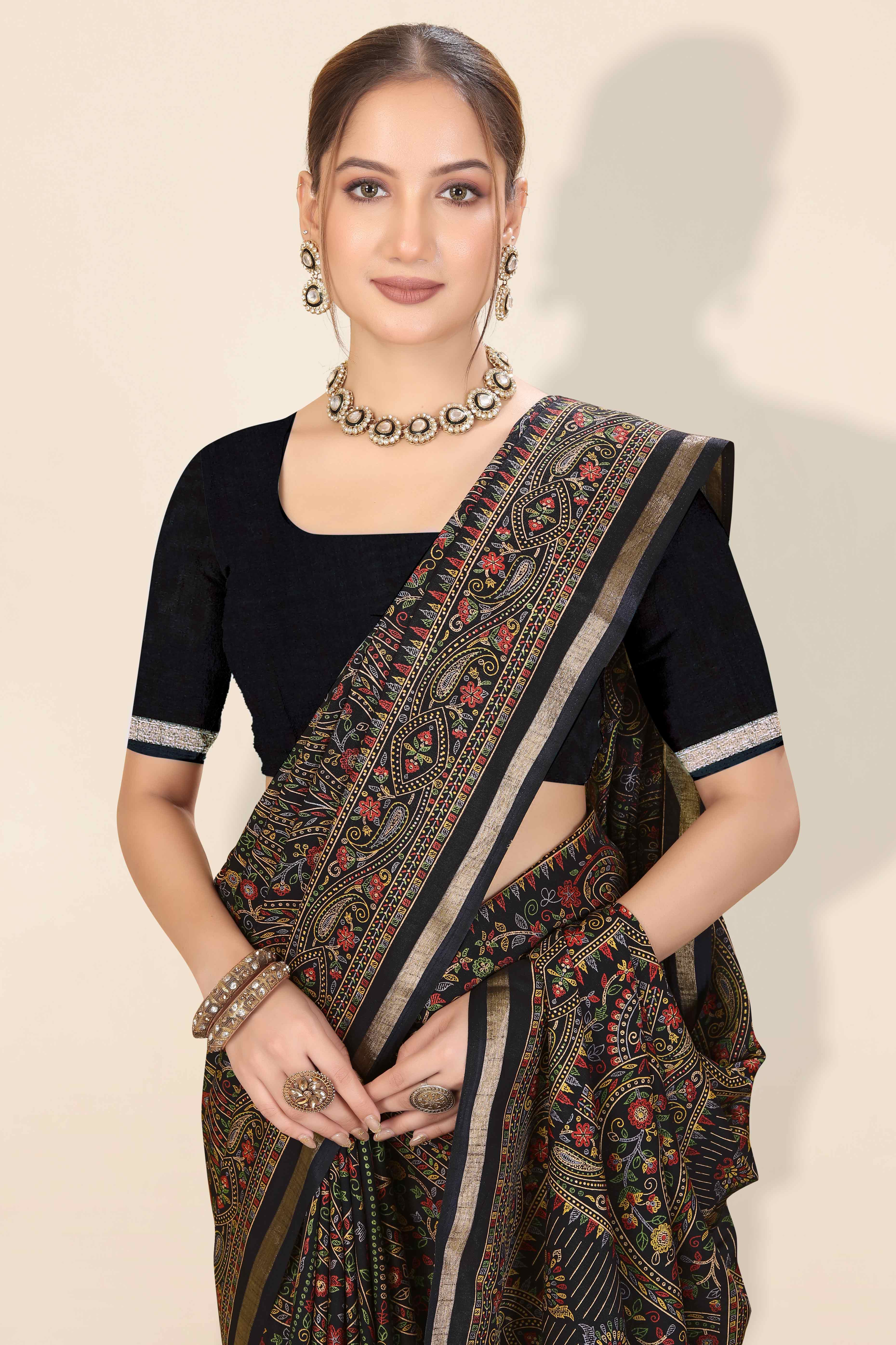 Black Floral Printed Dola Kashmiri Dola Silk Saree Highlighted With Rich Golden Zari Border