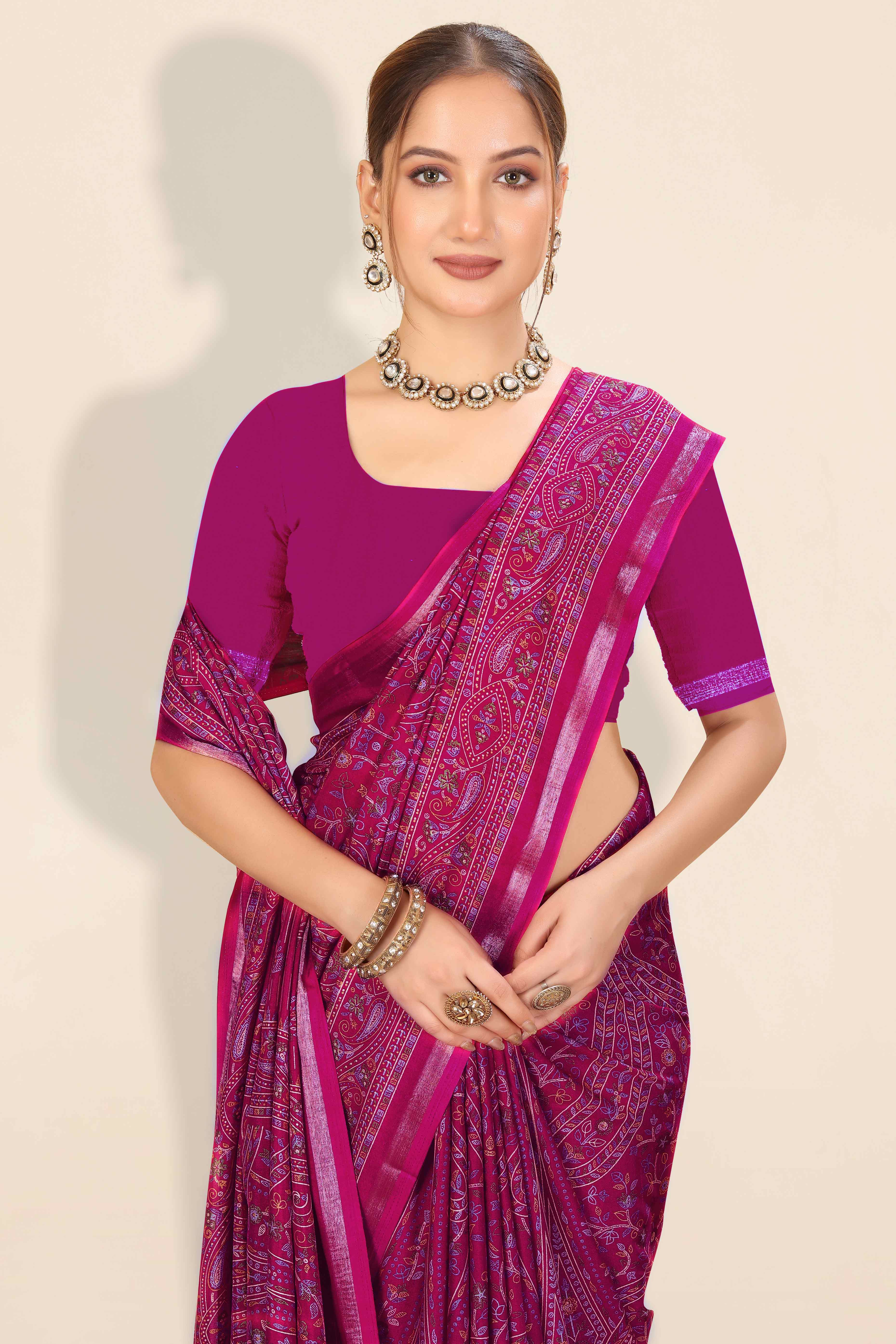 Dark Magenta Floral Printed Dola Kashmiri Dola Silk Saree Highlighted With Rich Golden Zari Border