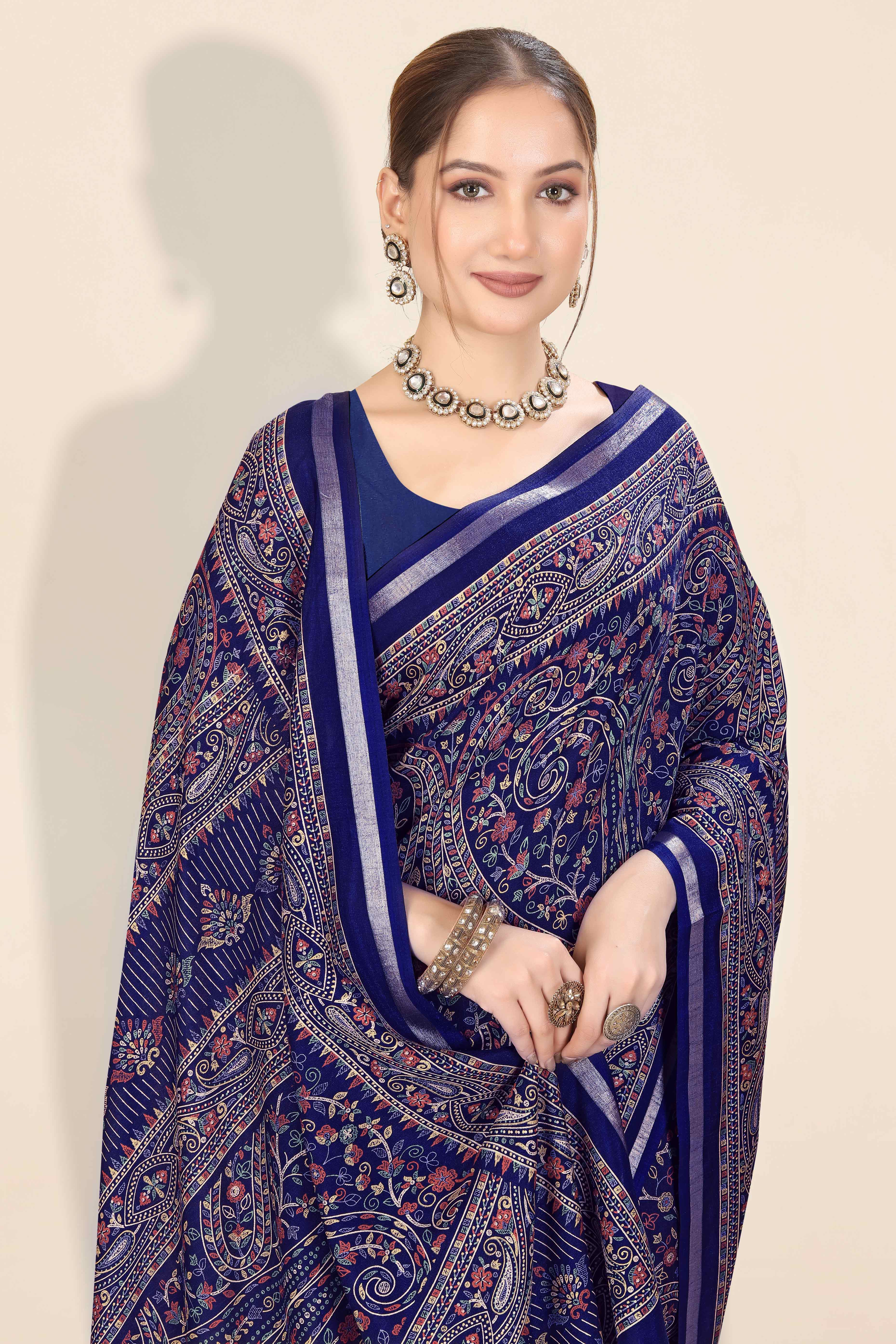 Navy Blue Floral Printed Dola Kashmiri Dola Silk Saree Highlighted With Rich Golden Zari Border