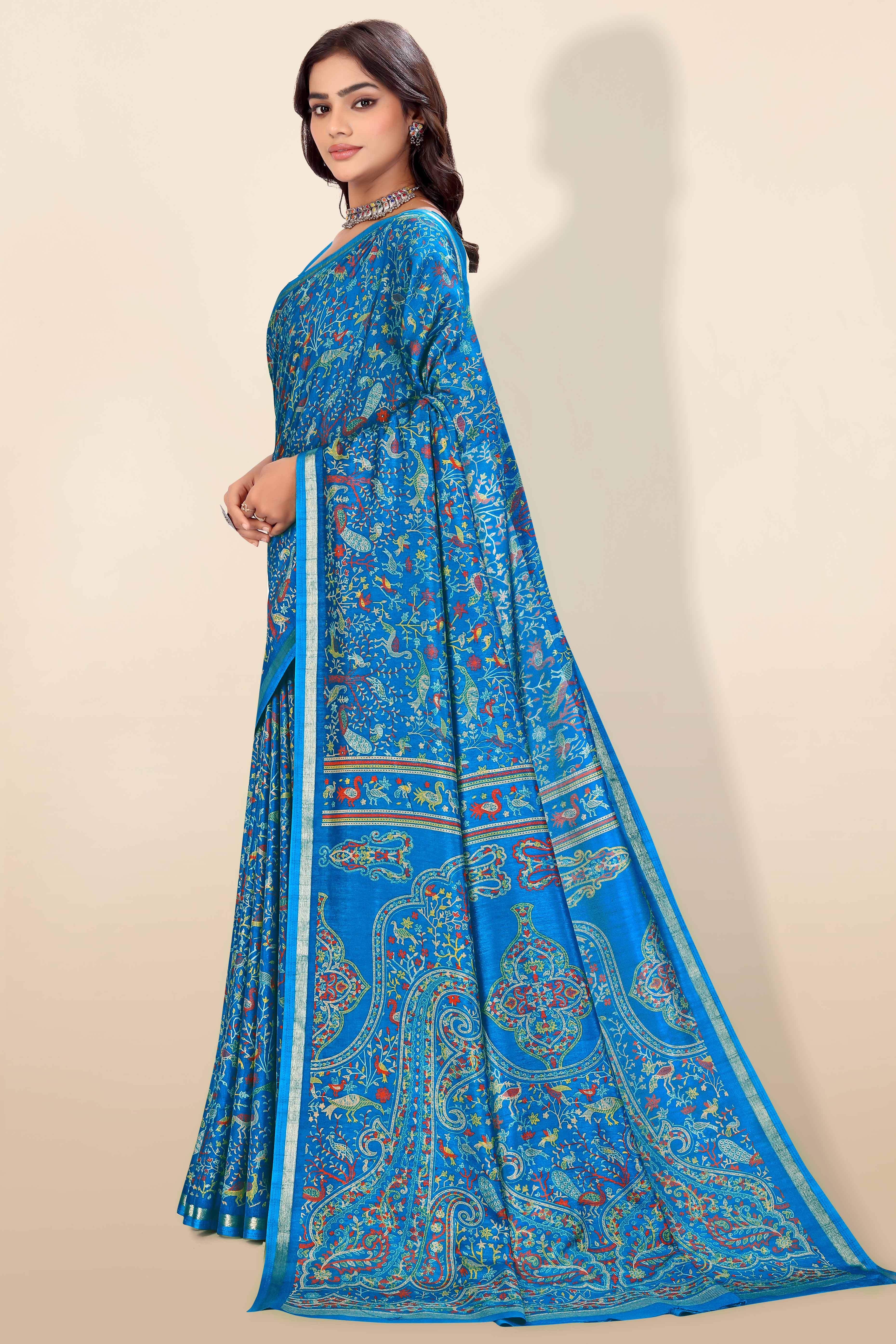 Blue Tussar Silk Blend Saree with Intricate Floral & Bird Kashmiri Print & Elegant Zari Border