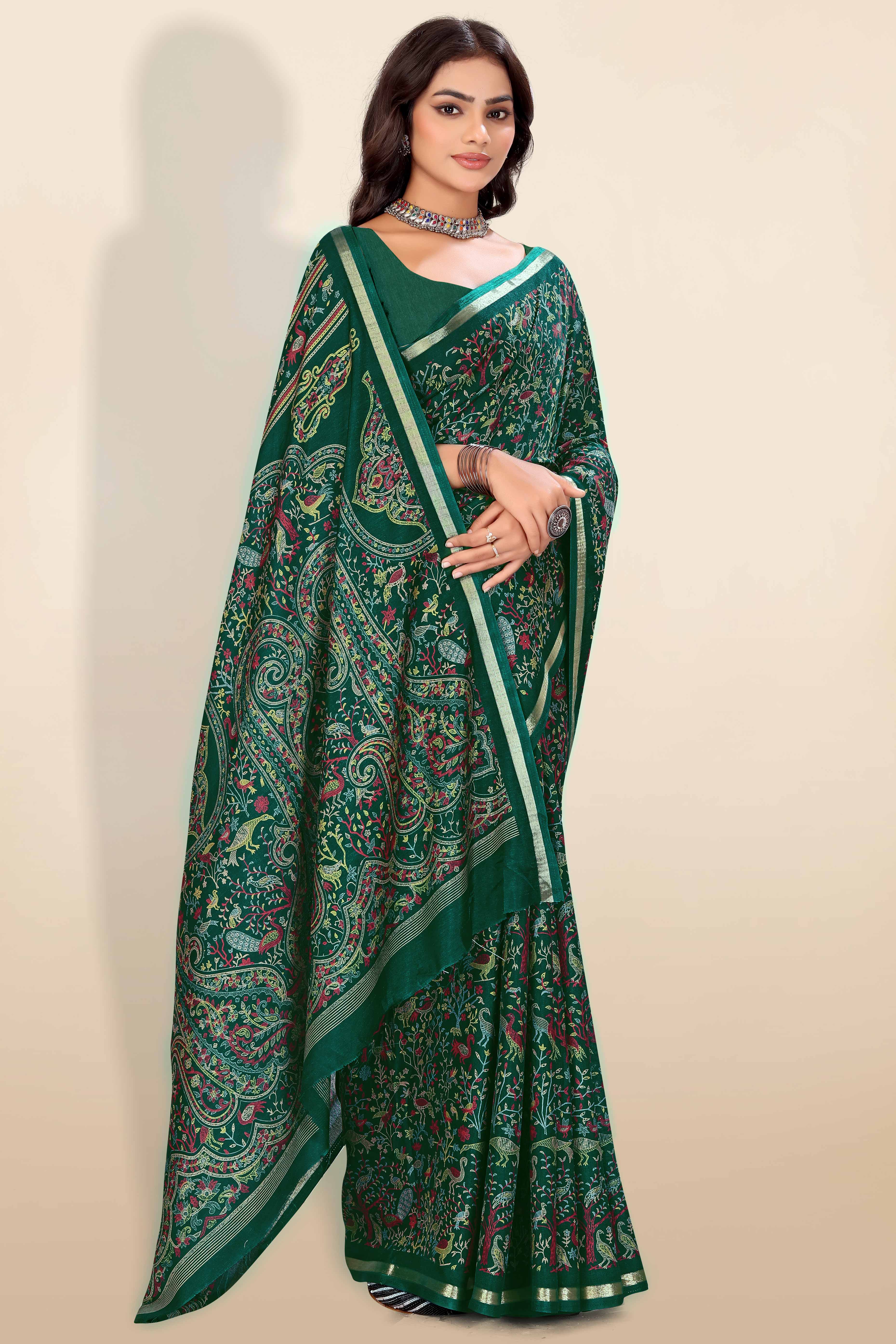 Green Tussar Silk Blend Saree with Intricate Floral & Bird Kashmiri Print & Elegant Zari Border