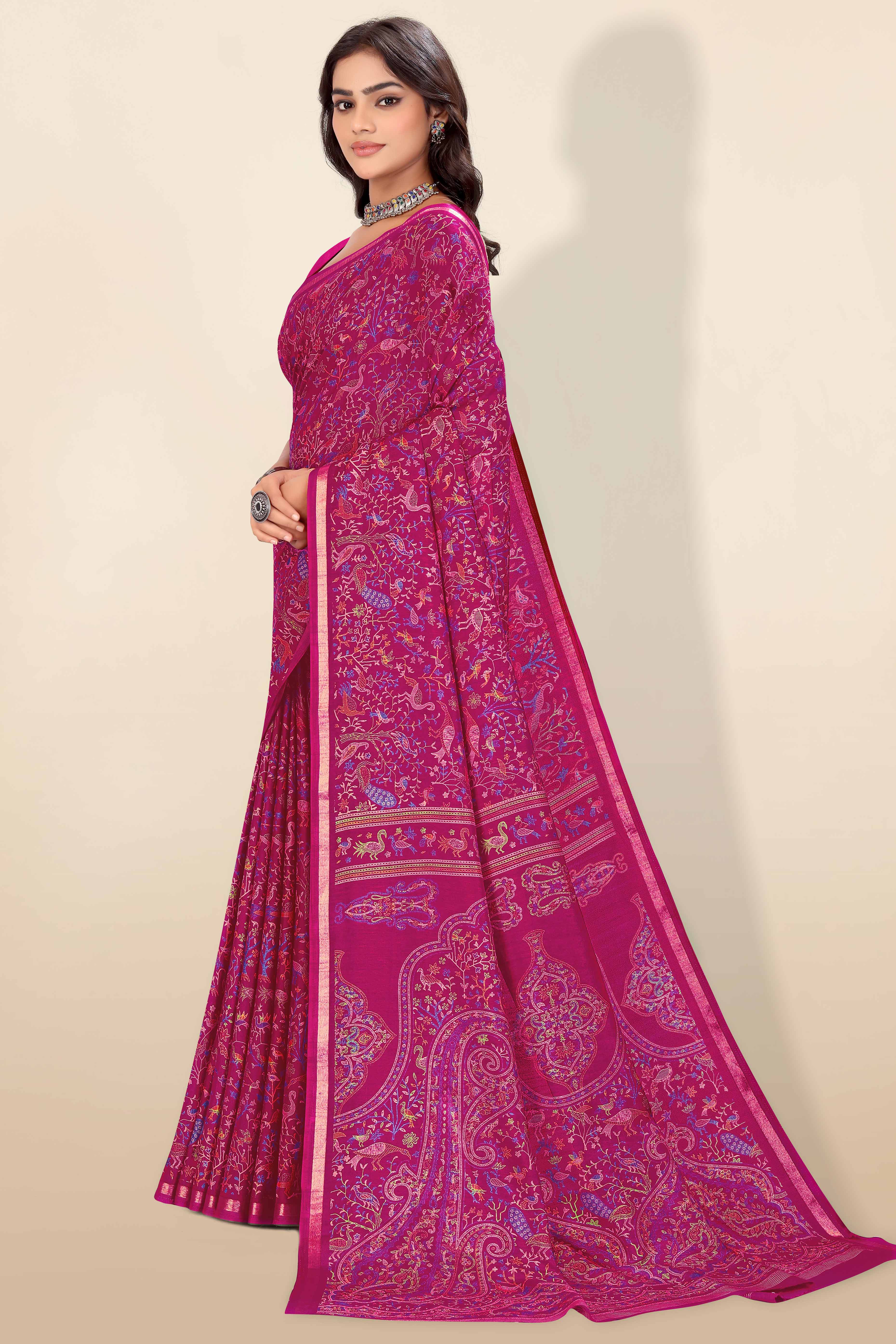 Dark Magenta Tussar Silk Blend Saree with Intricate Floral & Bird Kashmiri Print & Zari Border