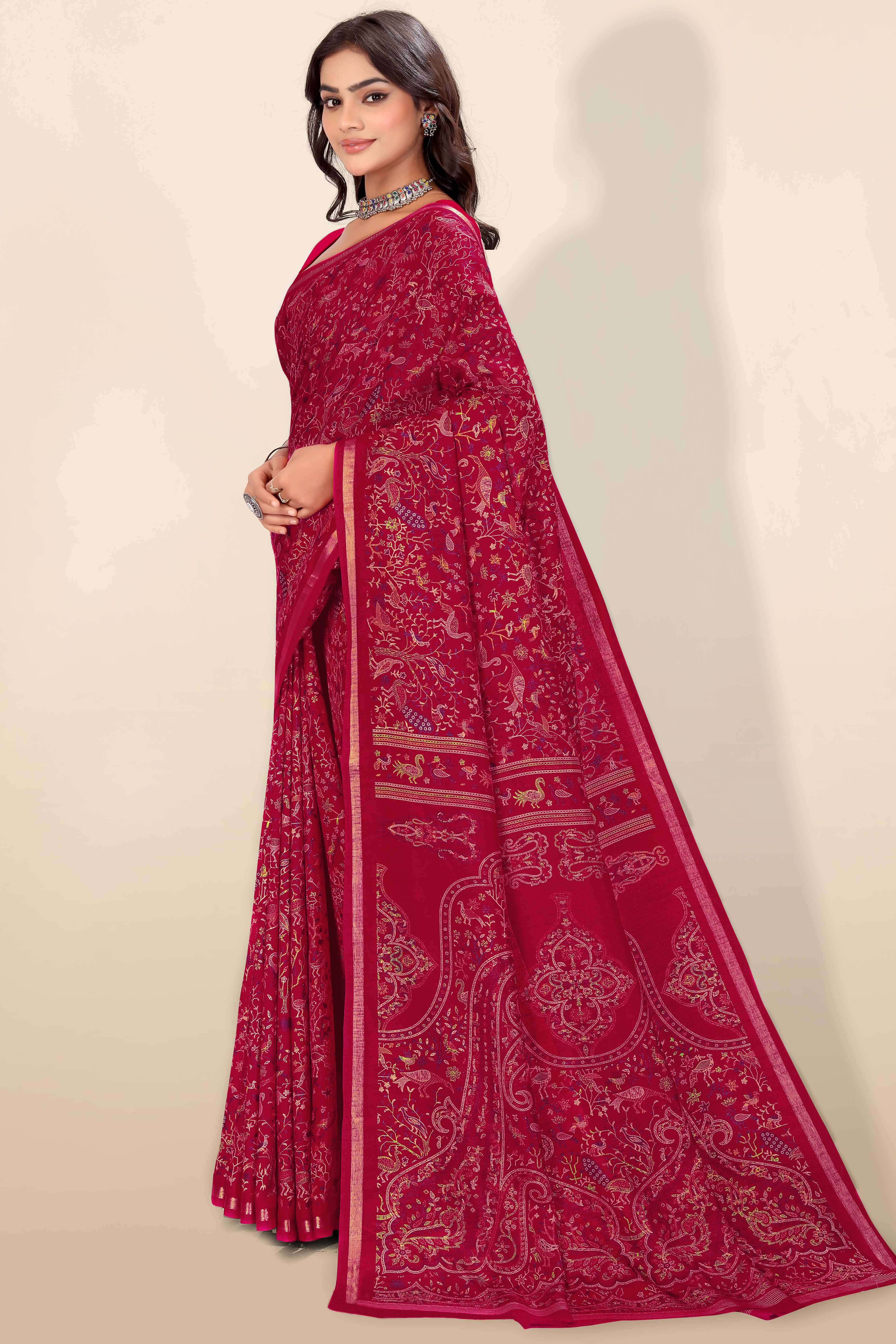 Pink Tussar Silk Blend Saree with Intricate Floral & Bird Kashmiri Print & Elegant Zari Border