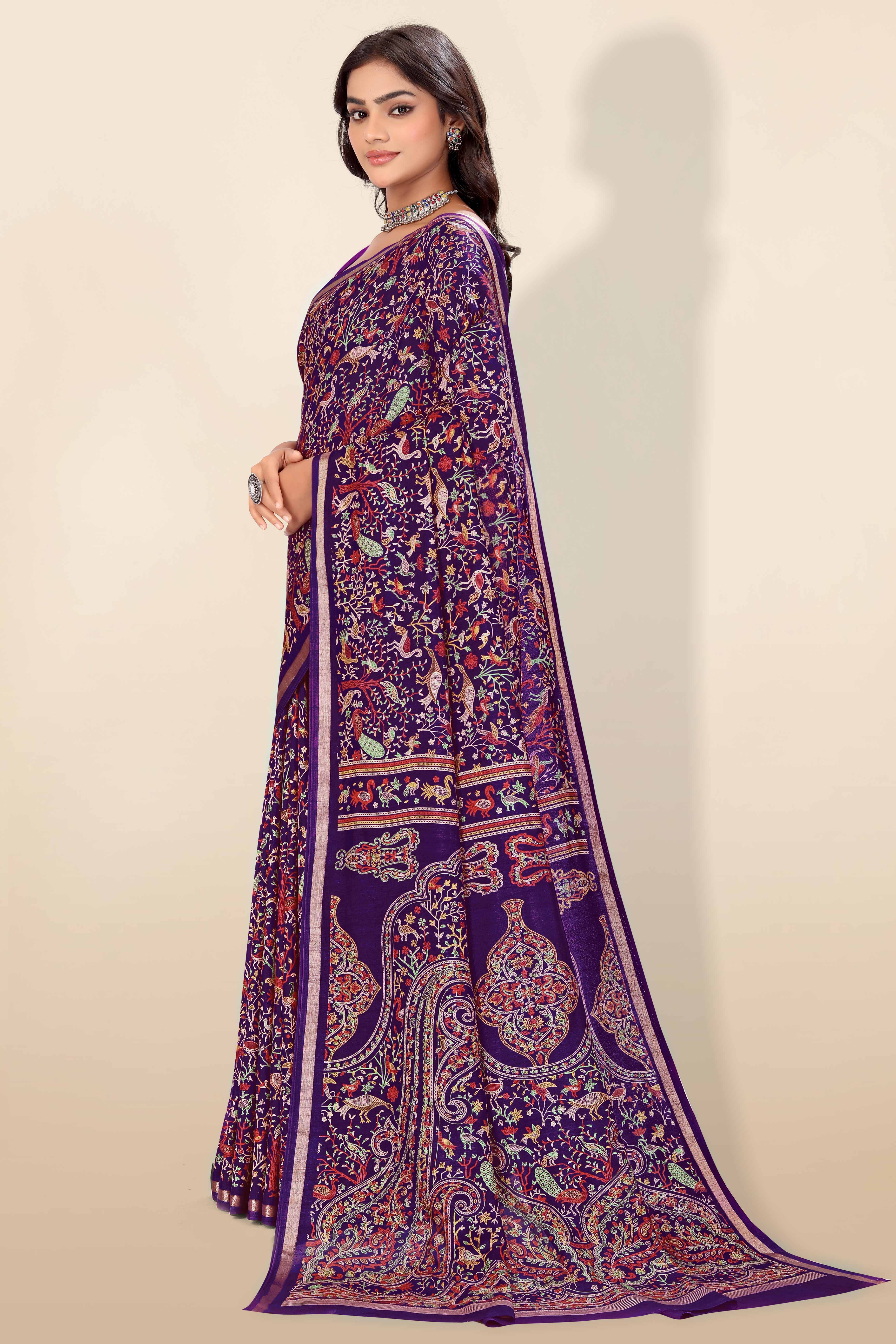Purple Tussar Silk Blend Saree with Intricate Floral & Bird Kashmiri Print & Elegant Zari Border