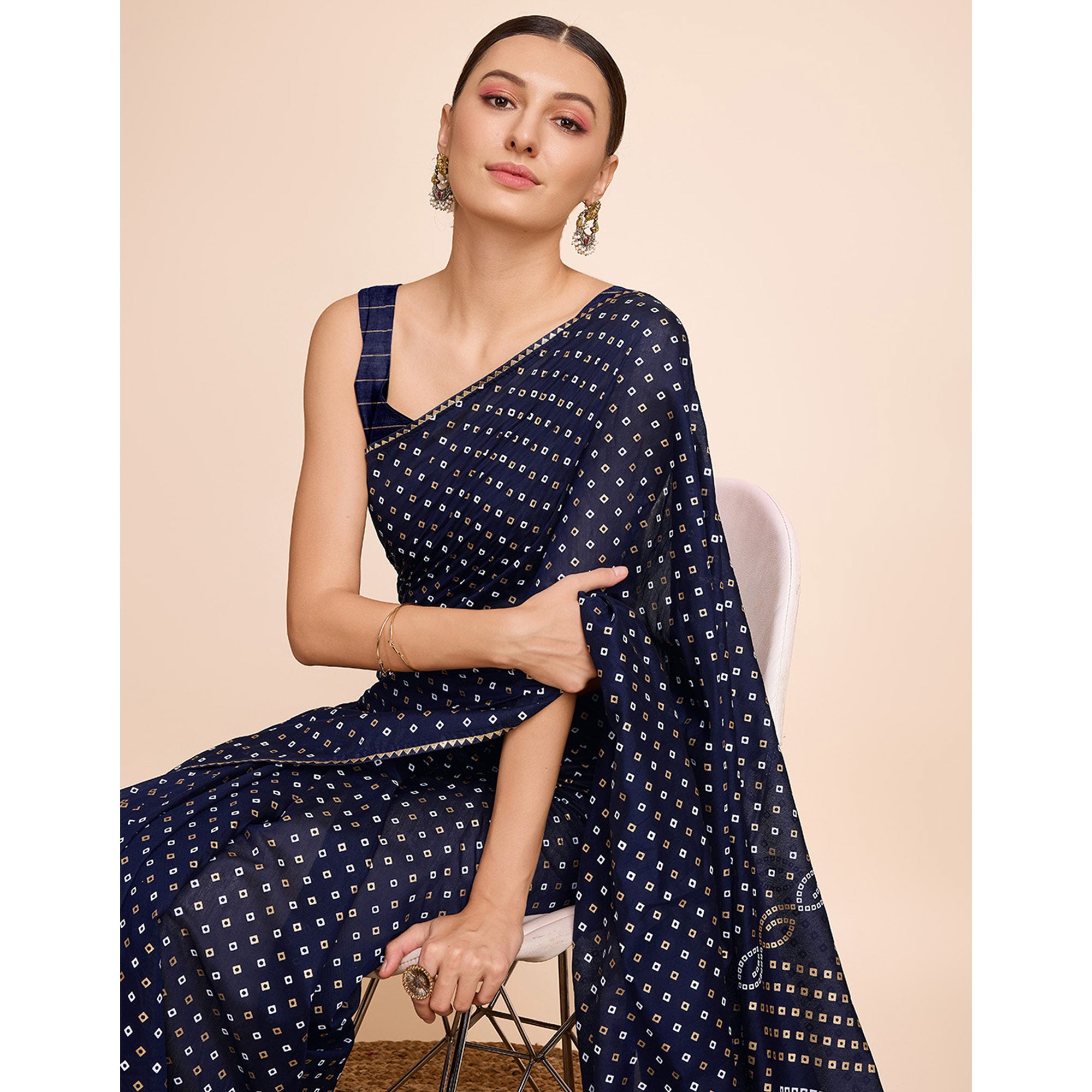 Blue Bandhani Printed Cotton Silk Saree