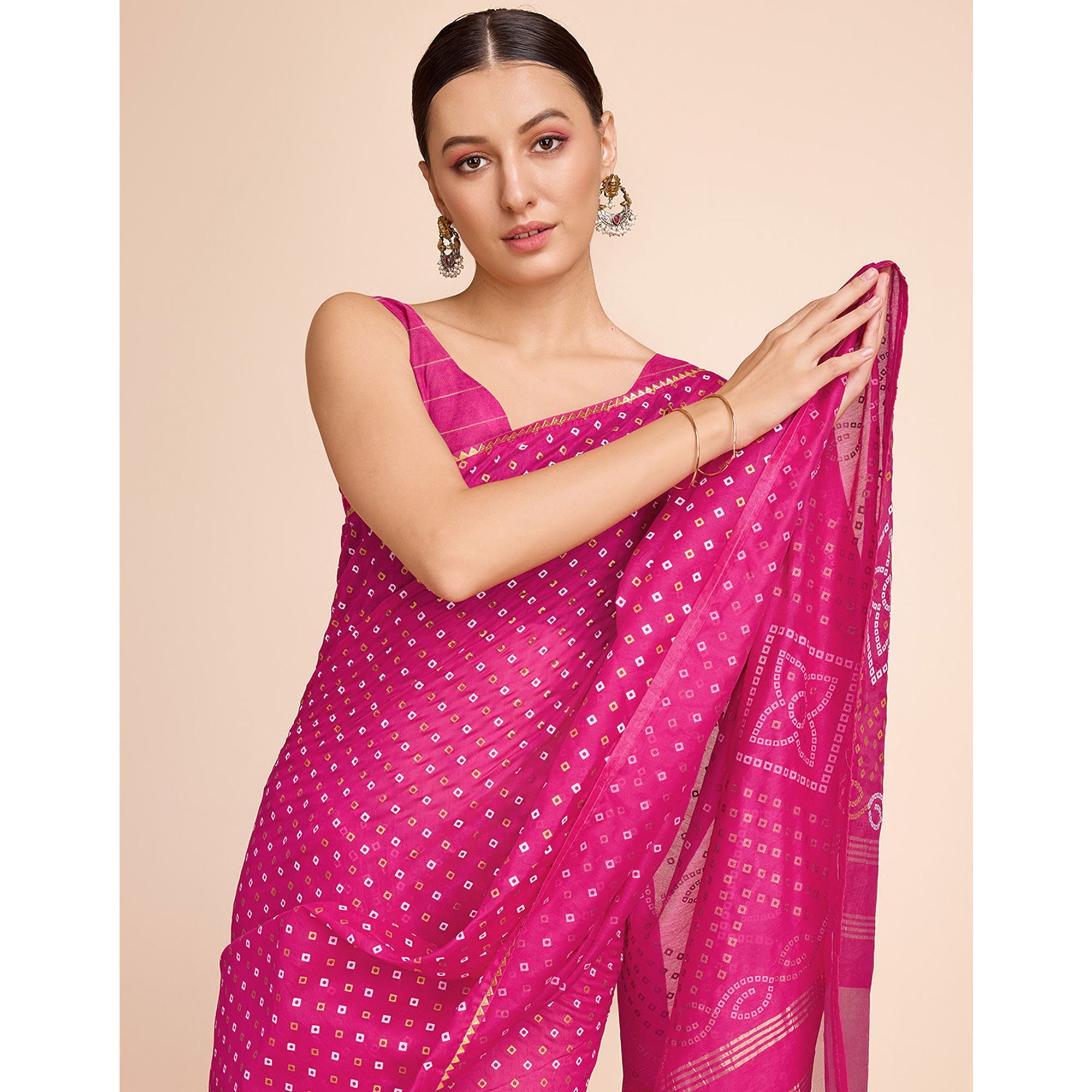 Pink Bandhani Printed Cotton Silk Saree