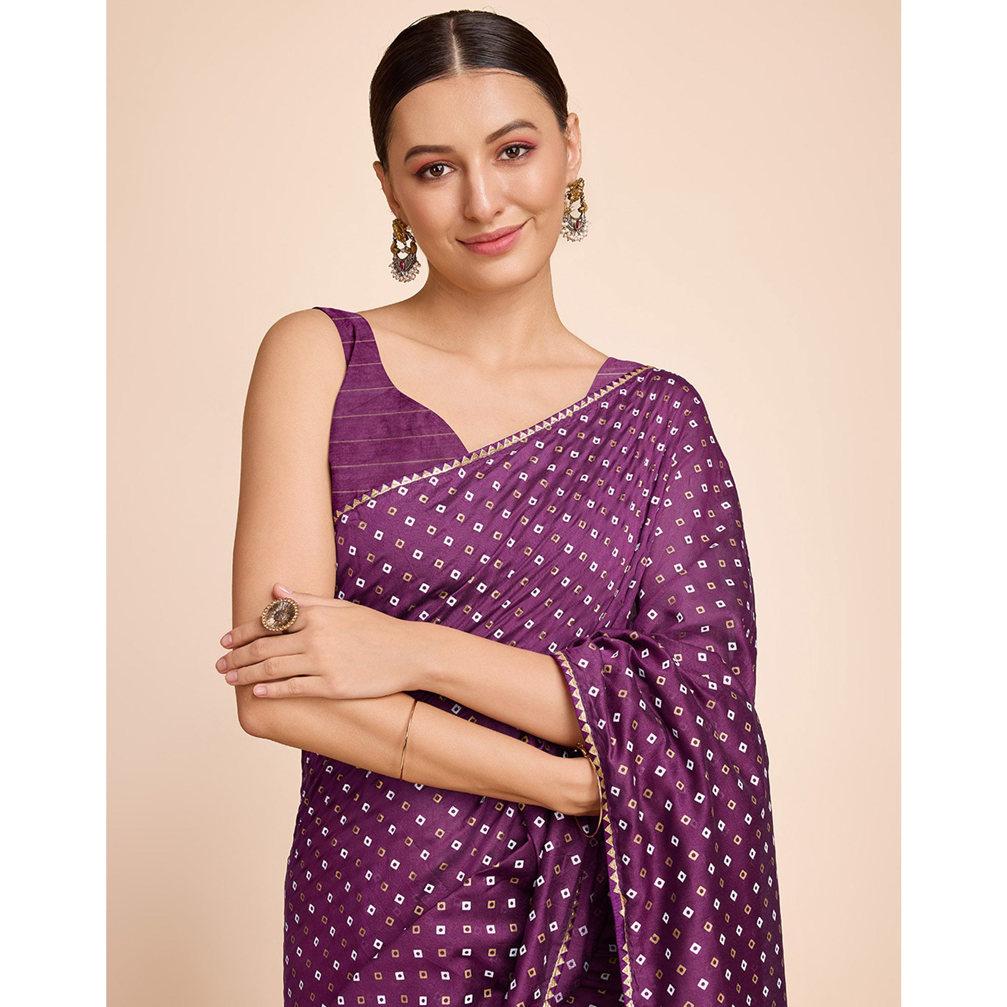 Purple Bandhani Printed Cotton Silk Saree