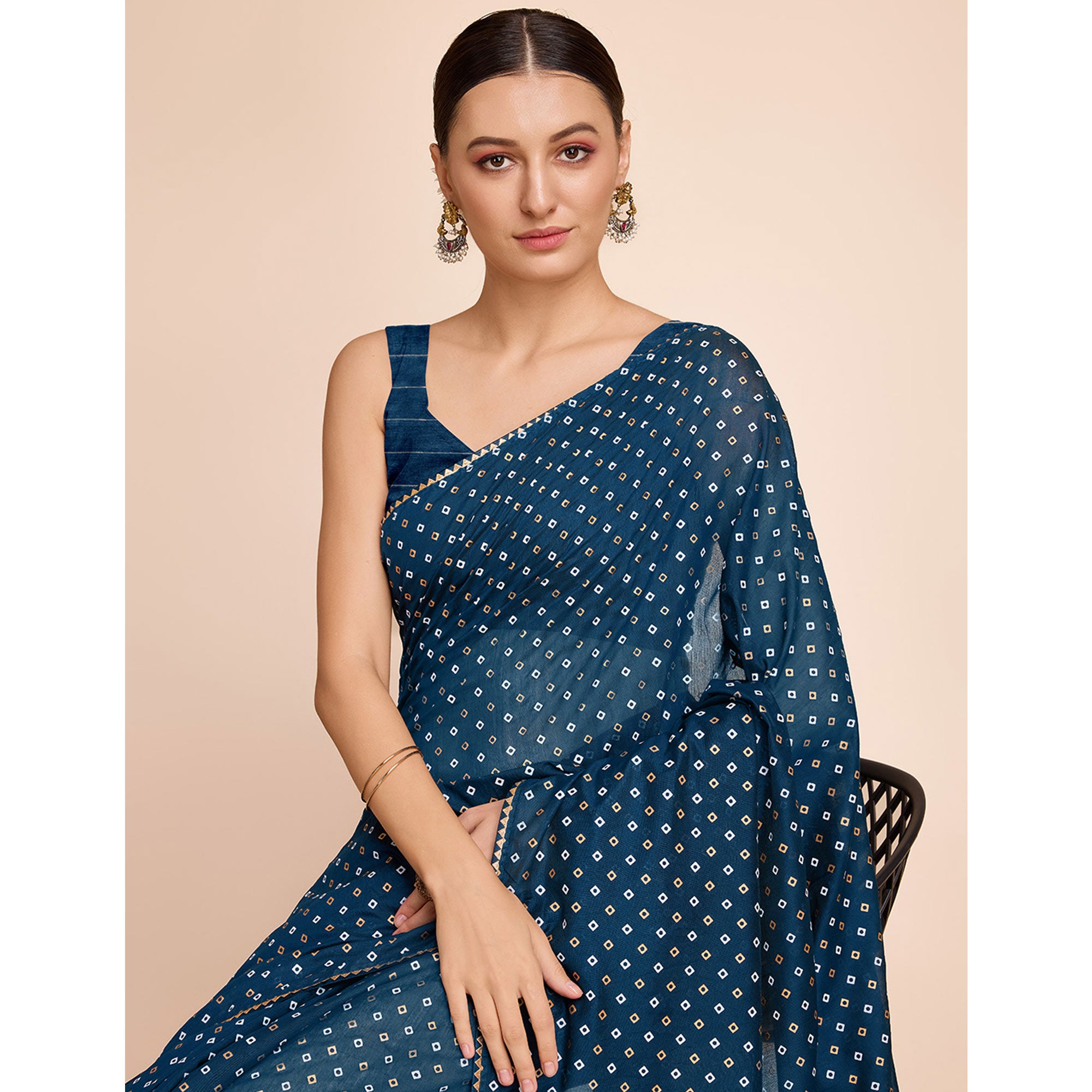 Teal Bandhani Printed Cotton Silk Saree