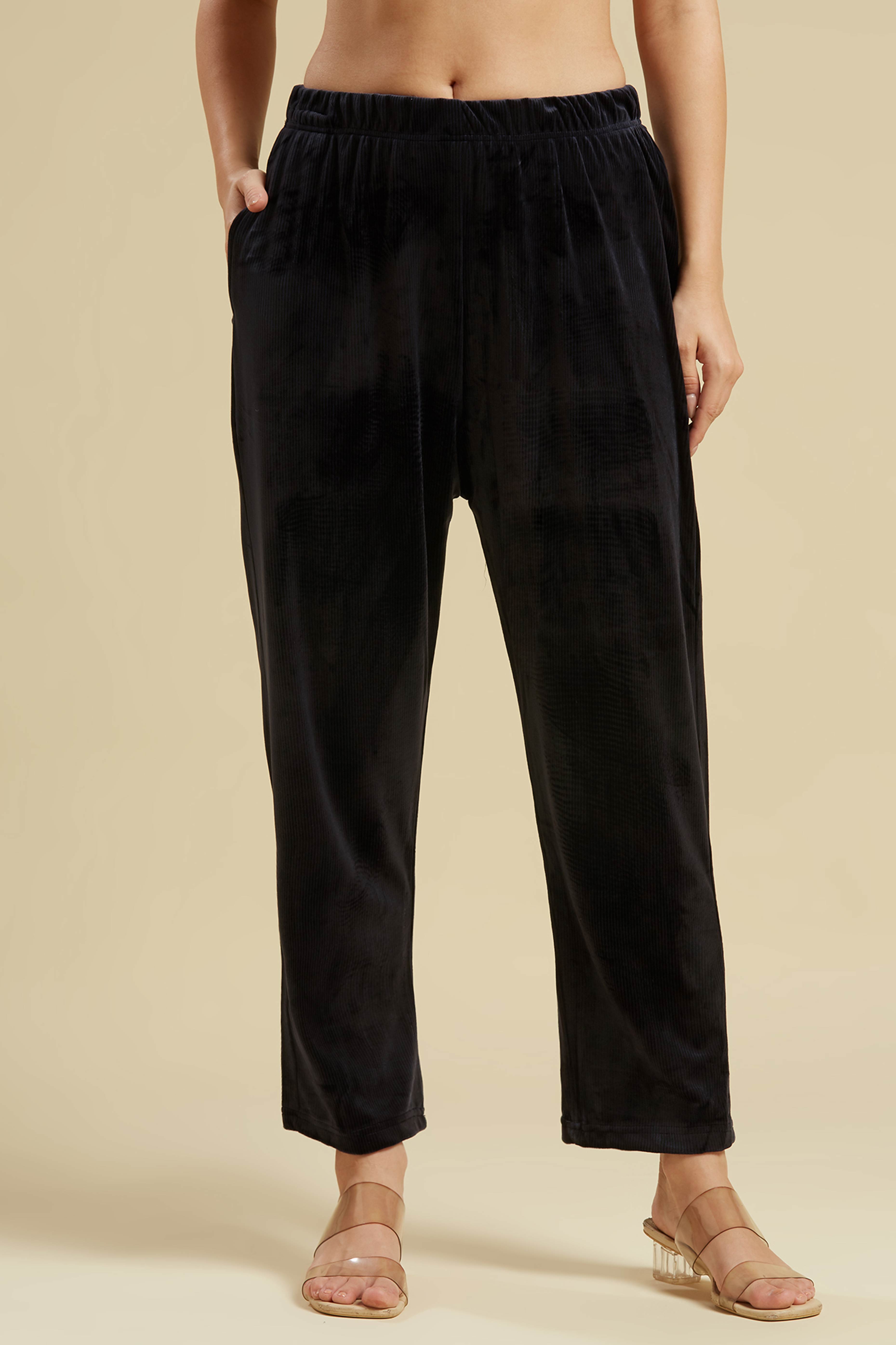 Navy Blue Embroidered Velvet A-Line Top Bottom Set