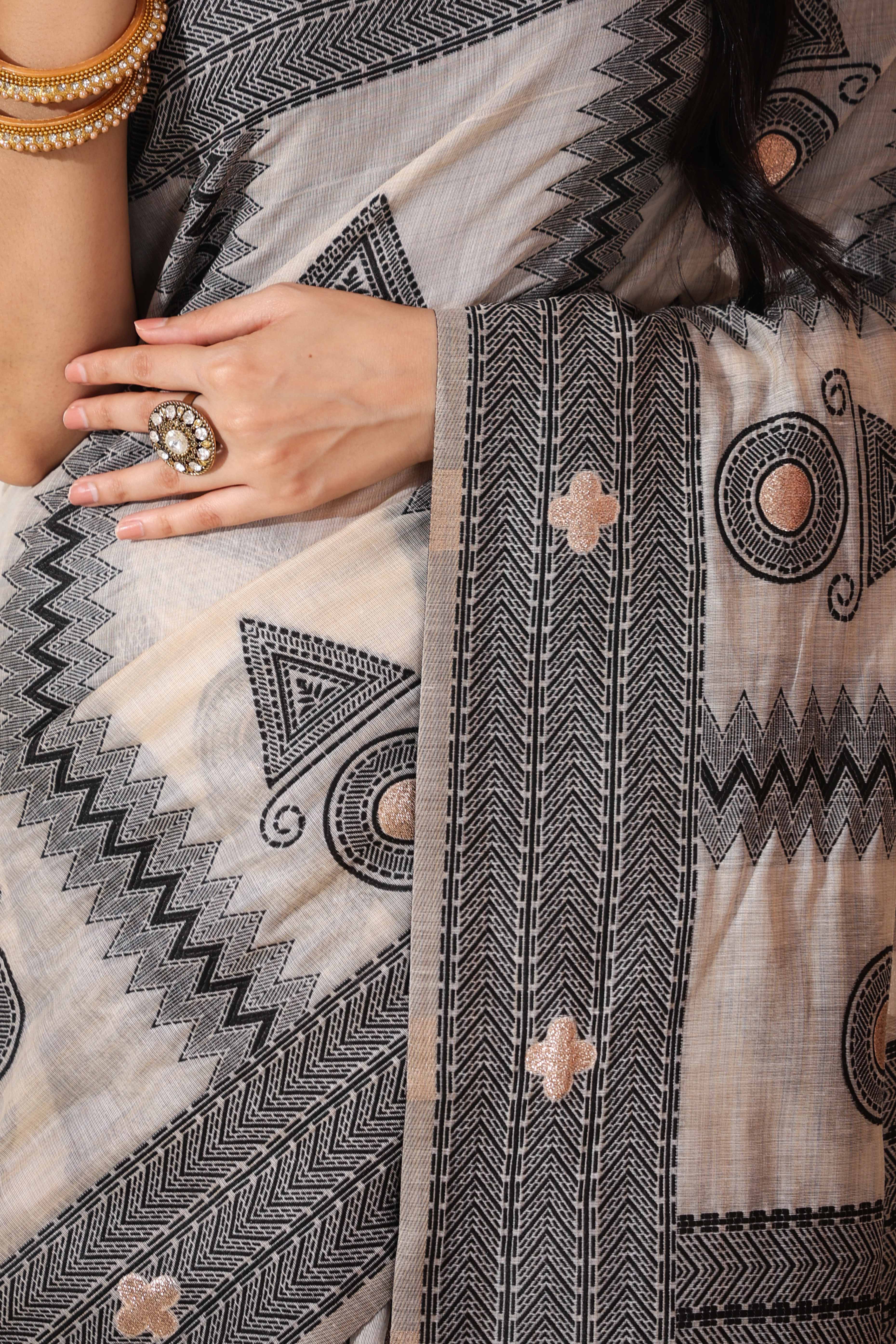 Elegant Zari Weaving Work On Cream & Black Linen Cotton Saree With Tassel Finish