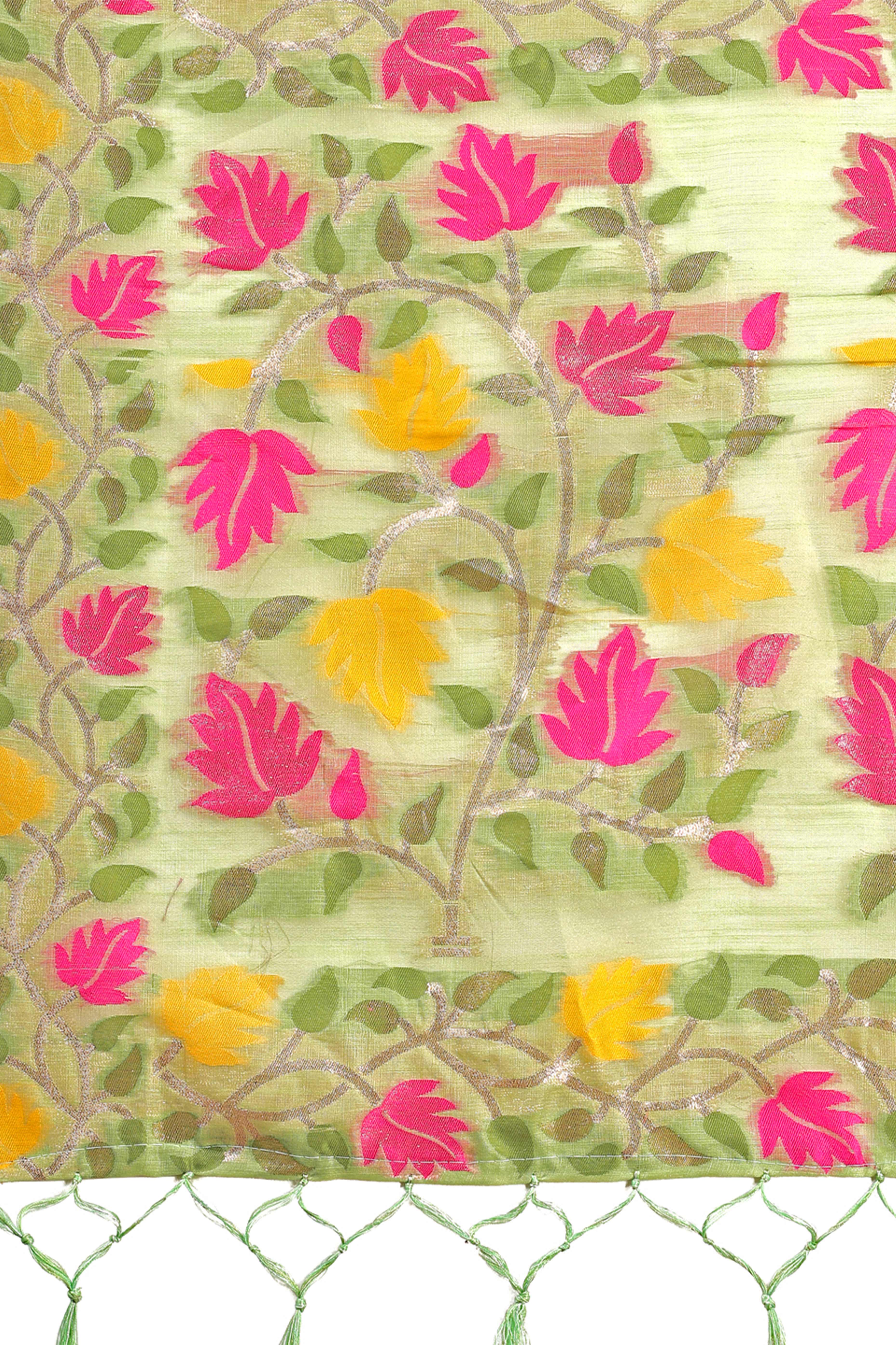 Light Green Linen Cotton Silk  Saree Enhanced With Floral Zari Weaving & Tasselled Pallu Finish