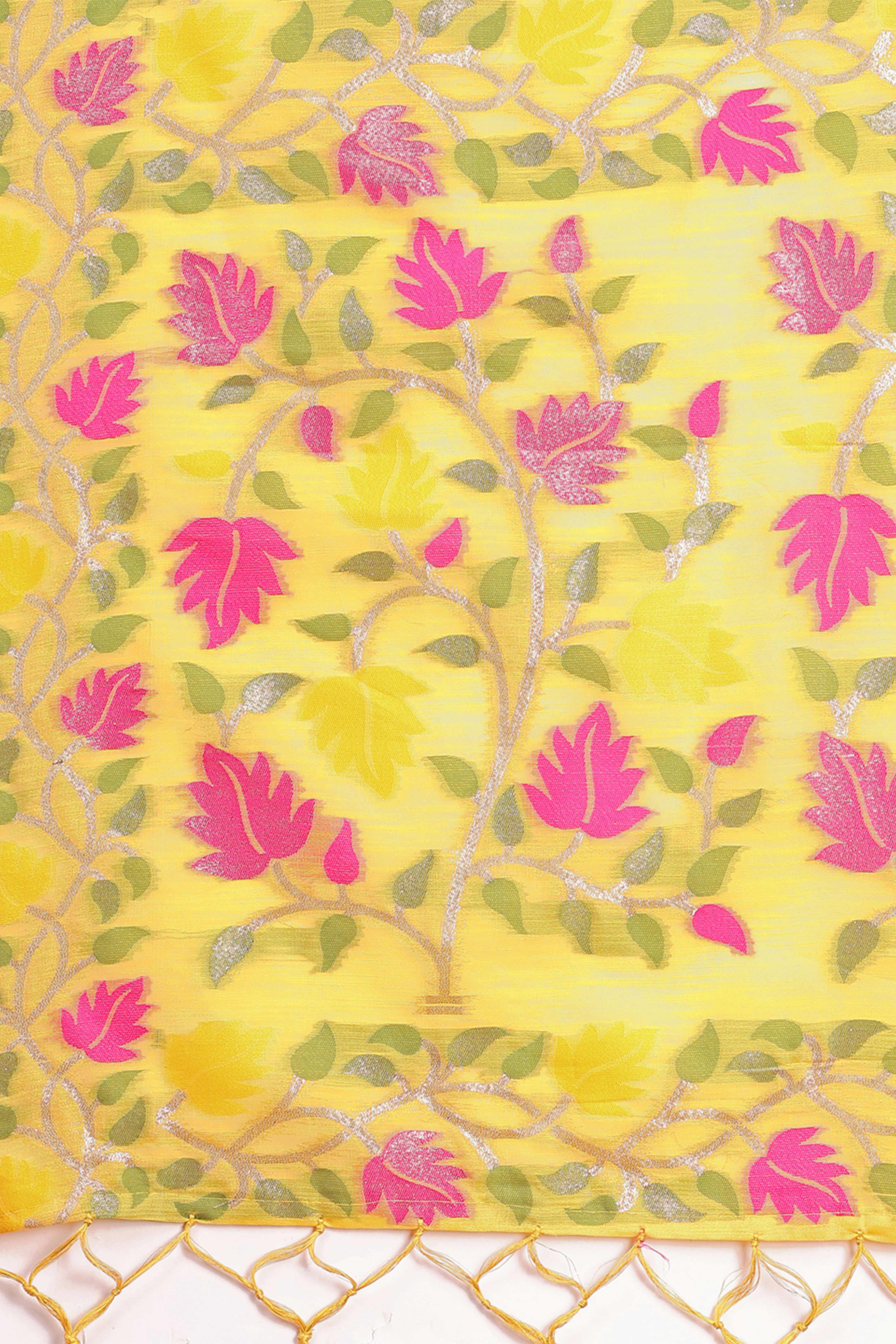 Yellow Linen Cotton Silk  Saree Enhanced With Floral Zari Weaving & Tasselled Pallu Finish