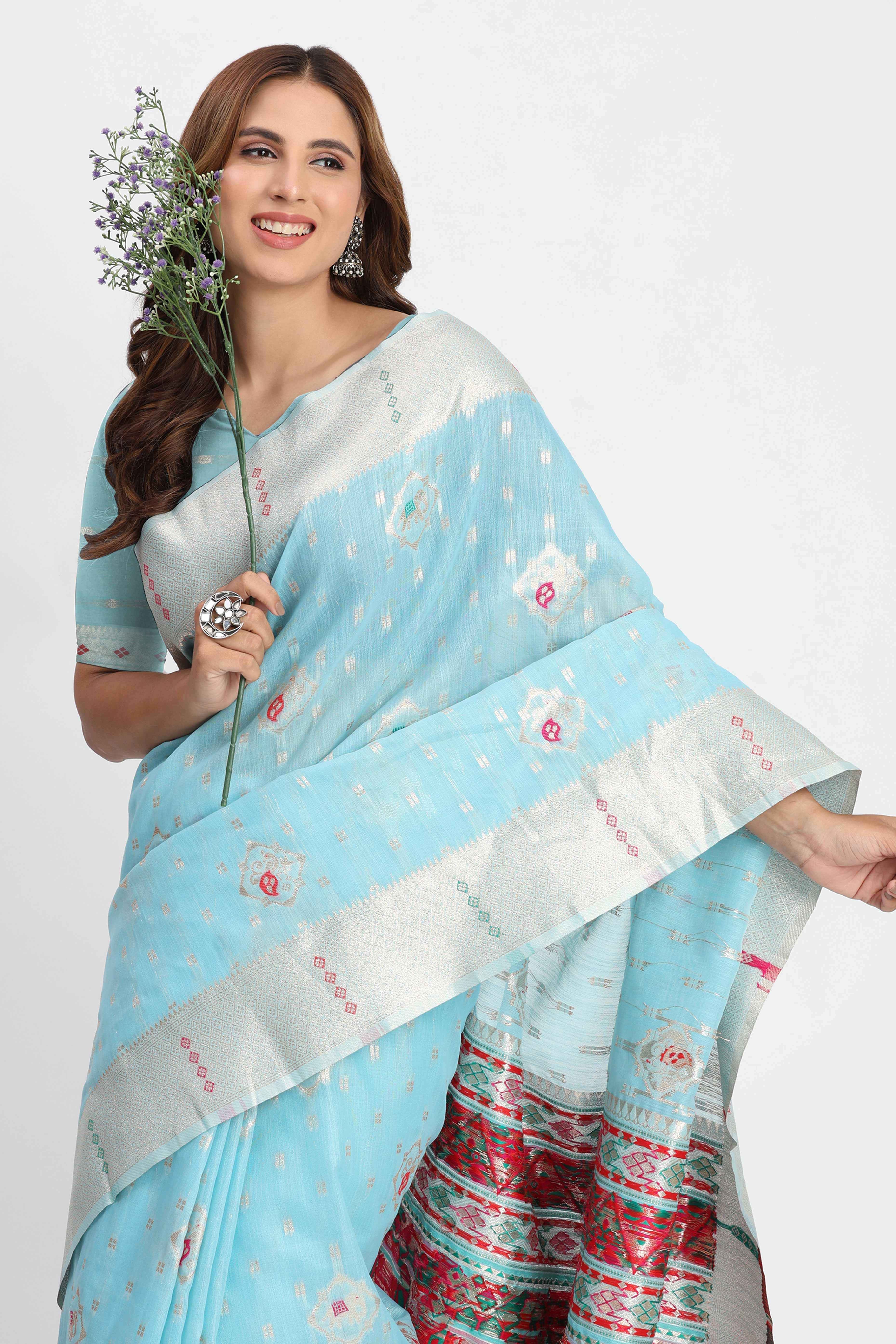 Shimmering Sky Blue linen Cotton Saree Embellished With Rich Zari Weaving And Tassels Pallu
