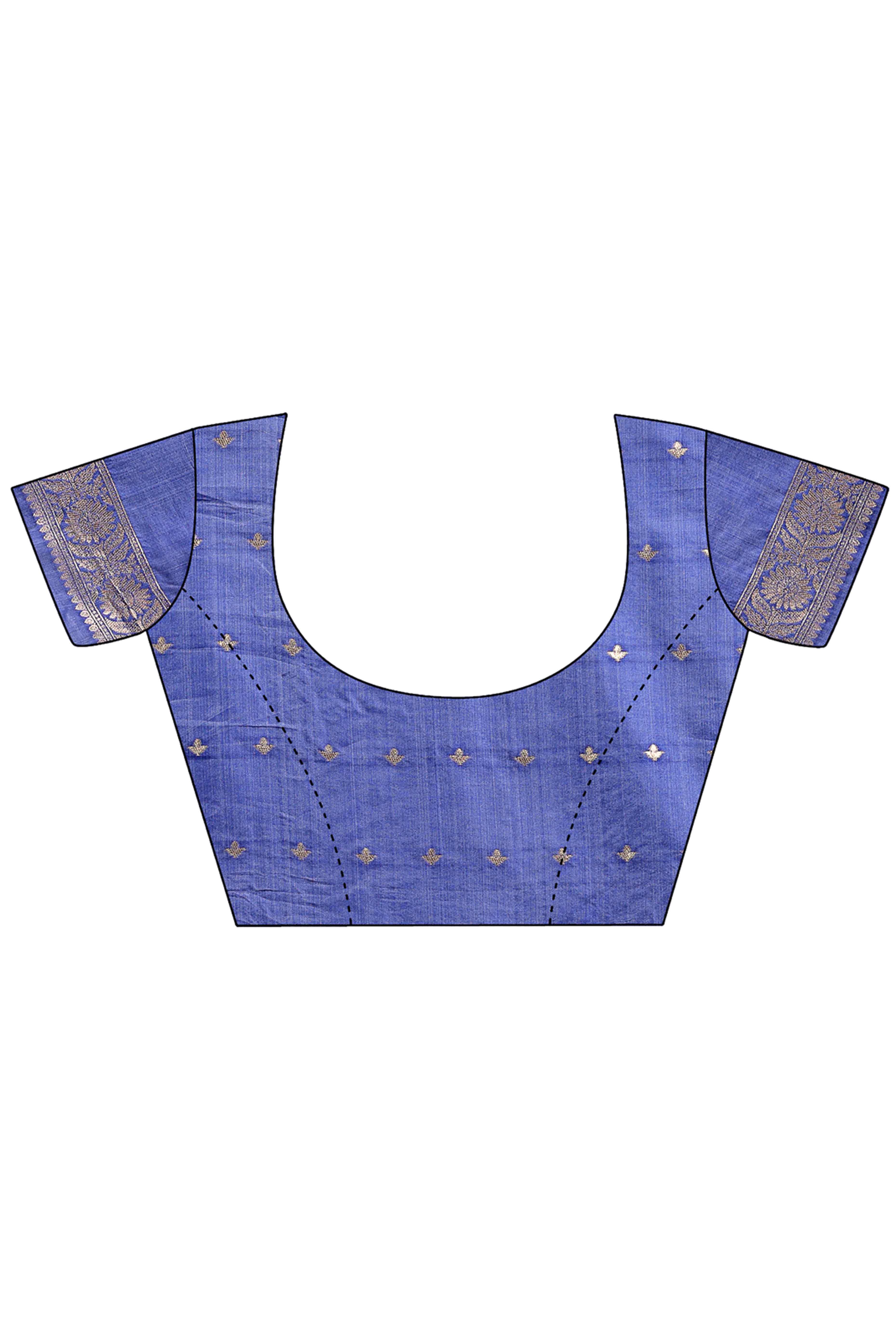 Blue Cotton Blend Saree with Woven Floral Brocade Patterns and Tasseled Borders