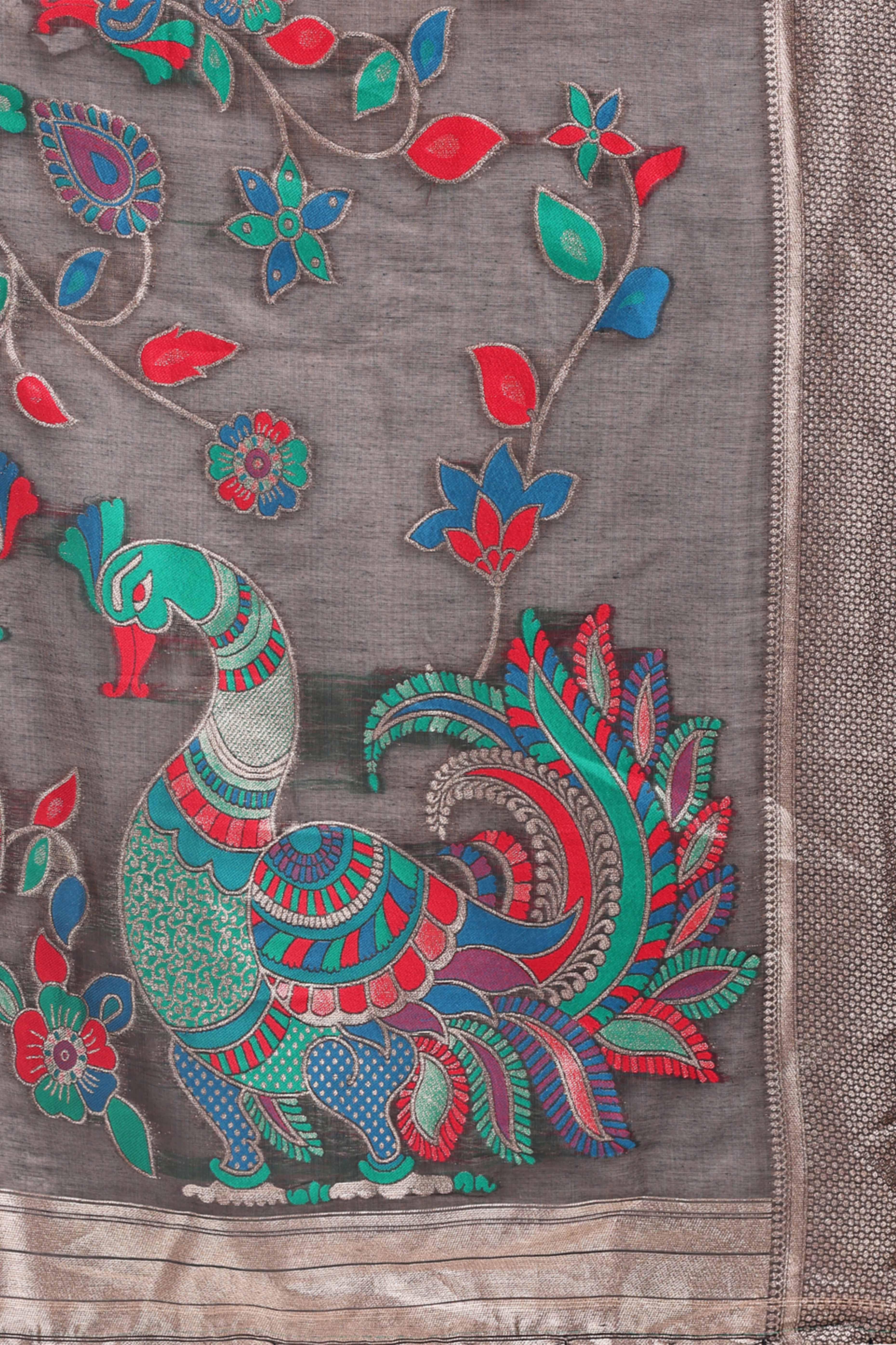 Dark Grey Floral Woven Linen Cotton Saree Accented With Peacock Motif Pallu & Zari Border