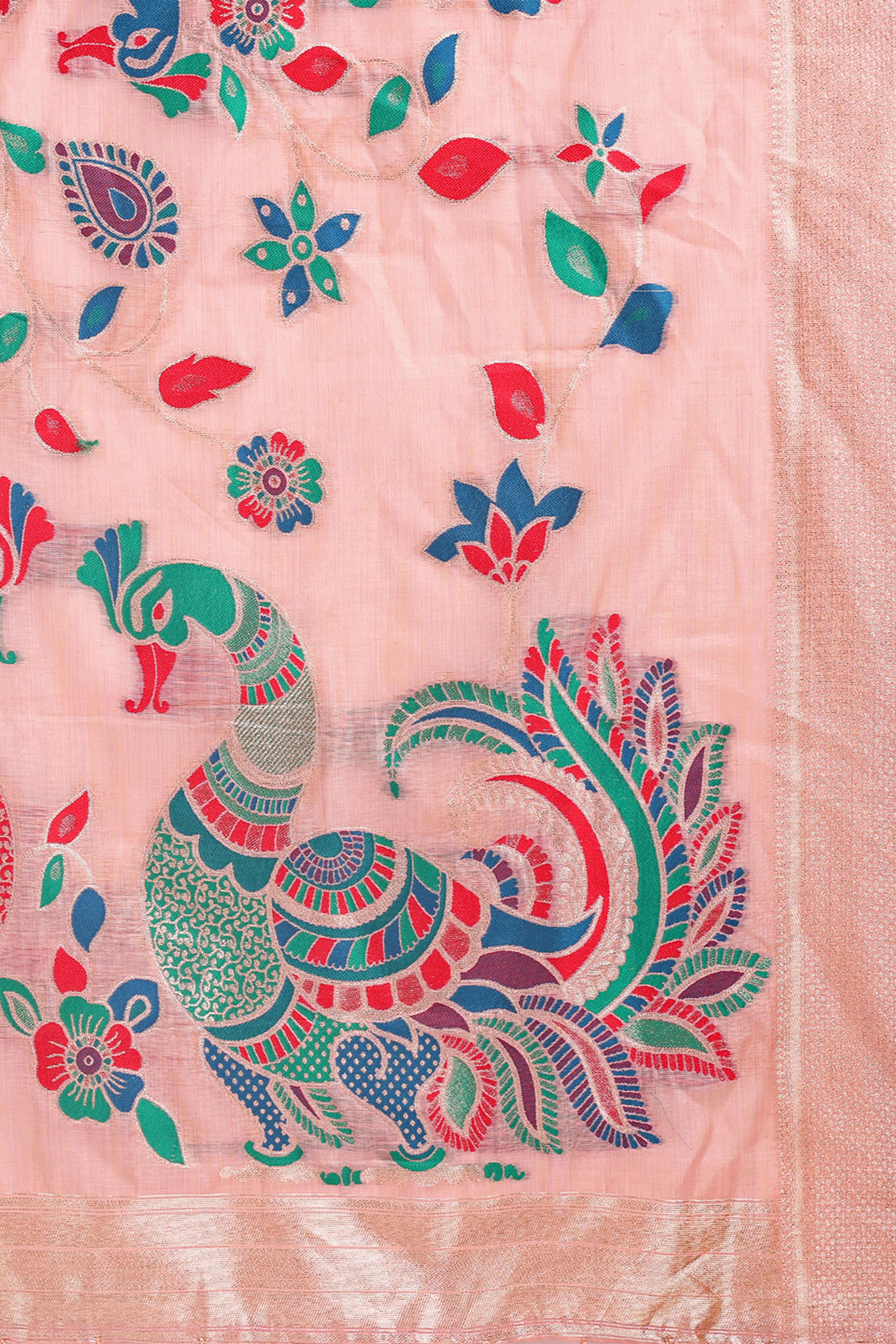 Peach Floral Woven Linen Cotton Saree Accented With Peacock Motif Pallu & Zari Border