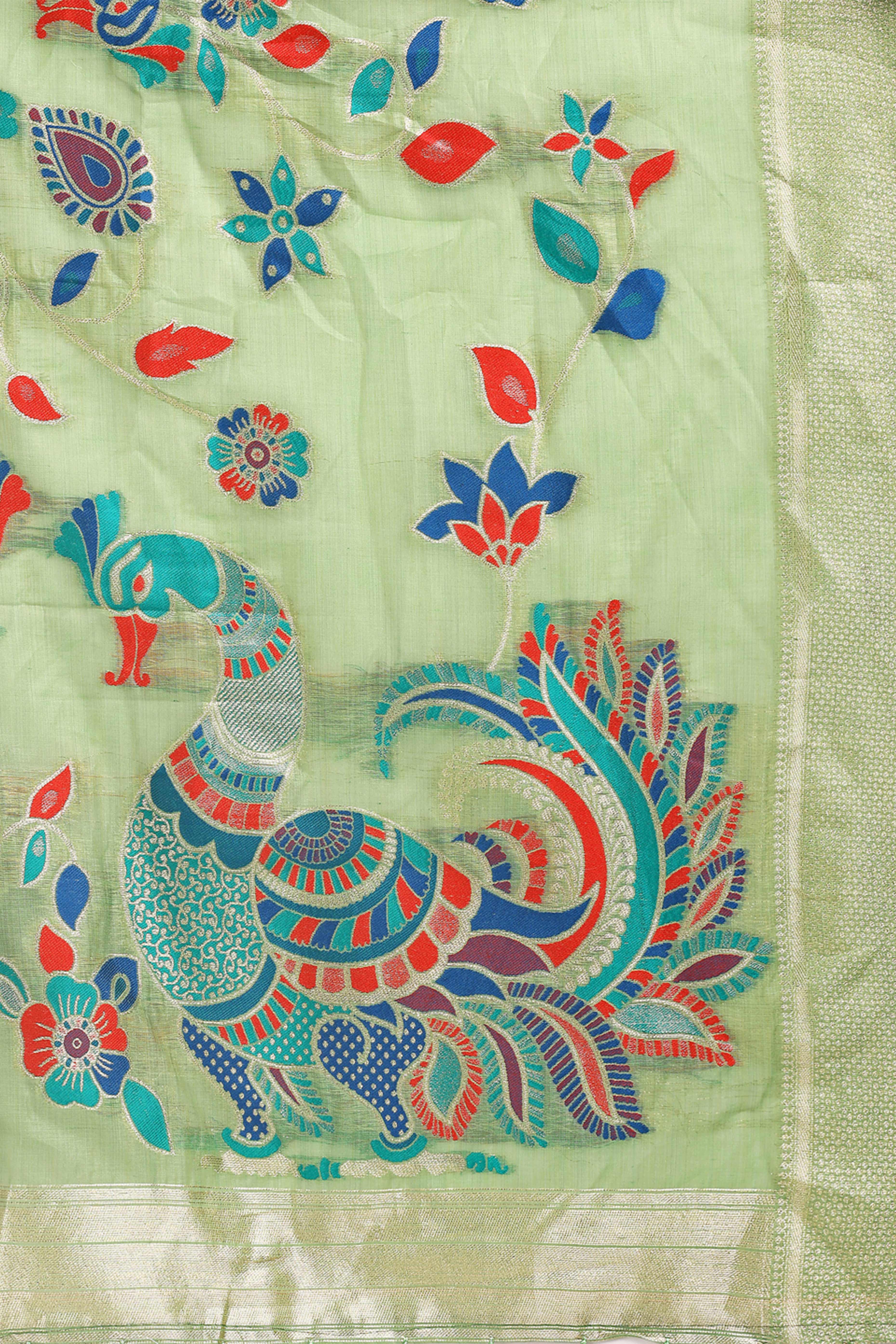 Light Green Floral Woven Linen Cotton Saree Accented With Peacock Motif Pallu & Zari Border