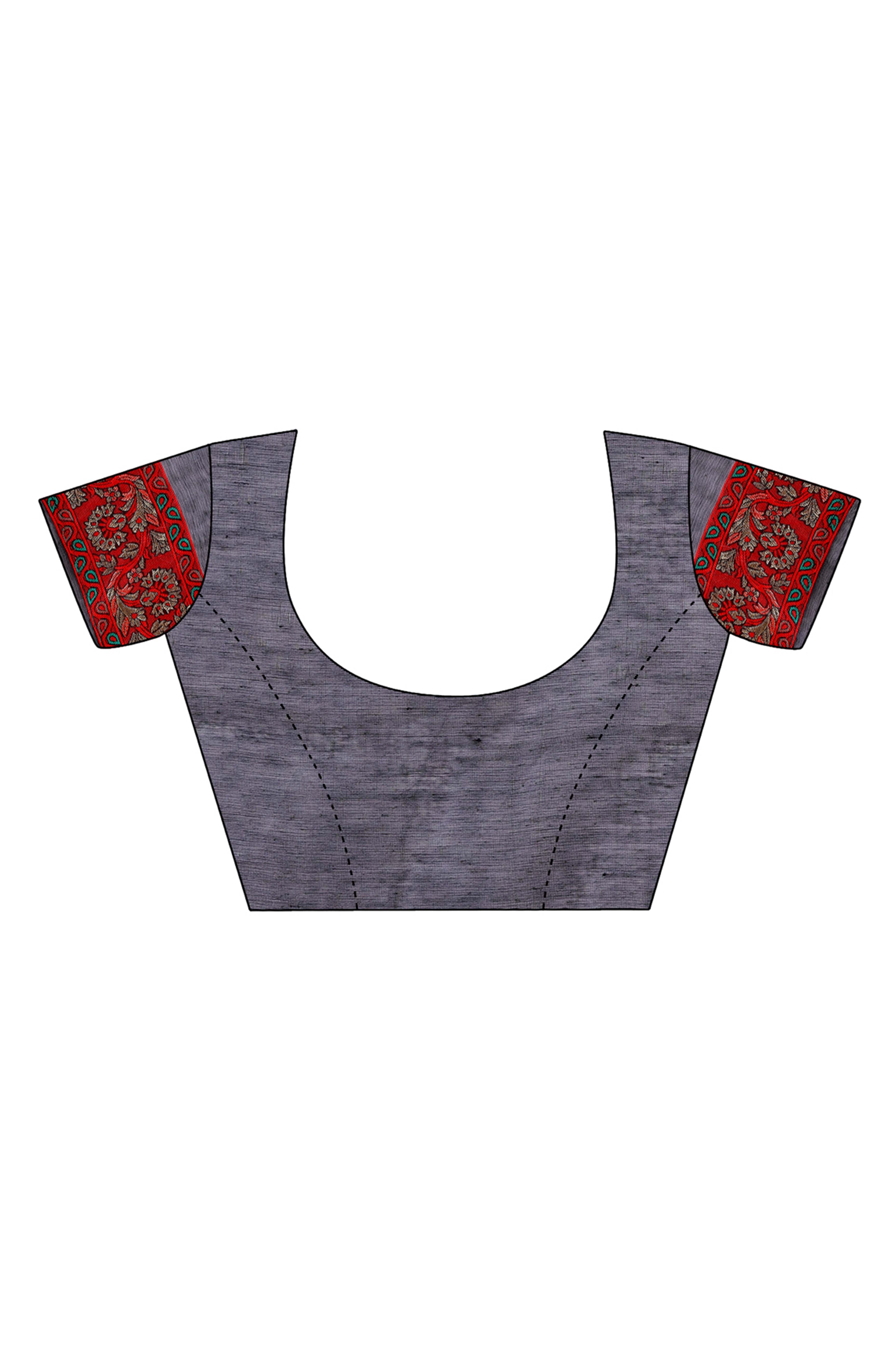 Red & Blue Floral Woven Cotton Blend Saree With A Breezy Tassel Finish