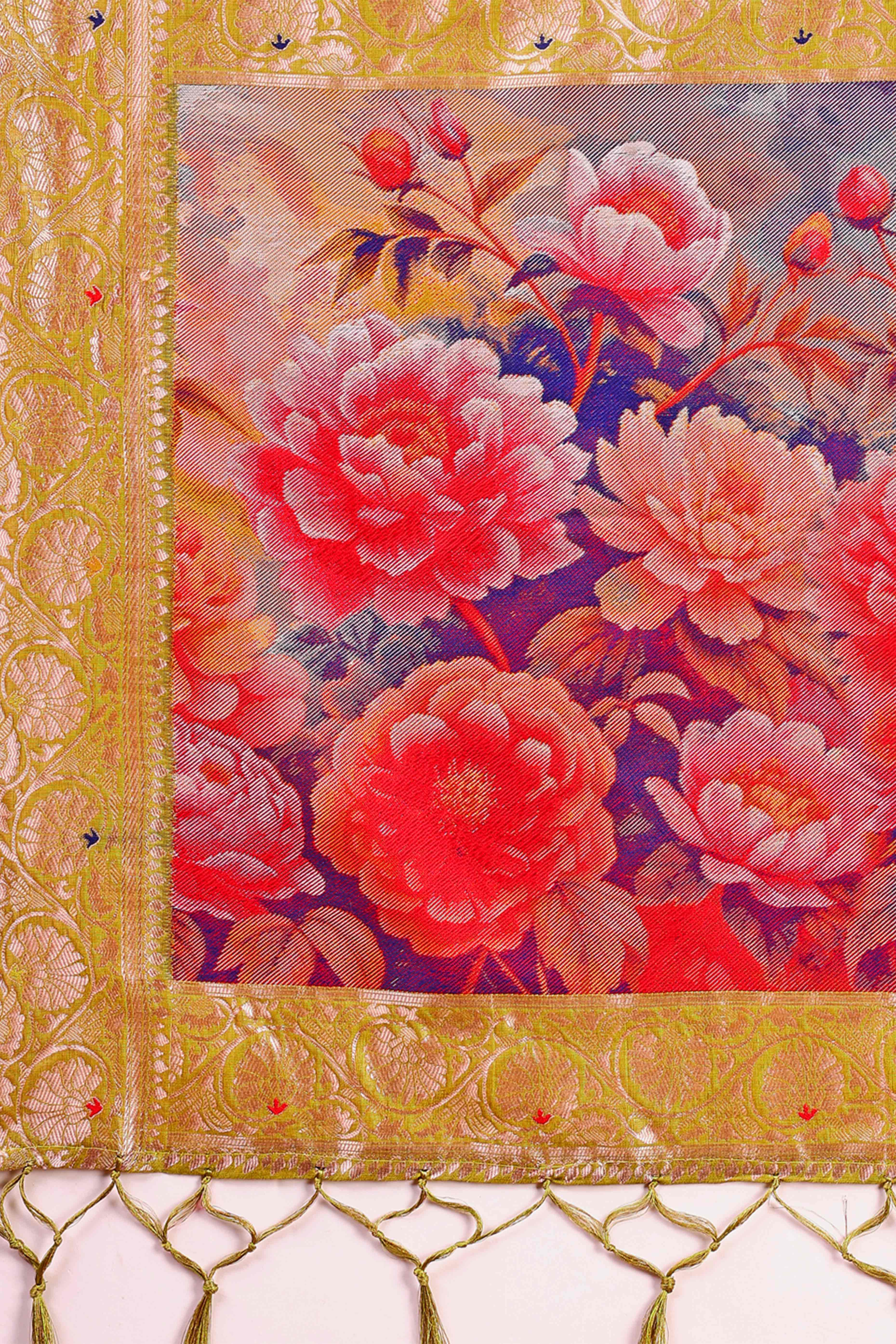 Mehendi Green Linen Cotton Silk Saree Adorned With Intricate Floral Zari Weaving & Tassel Pallu