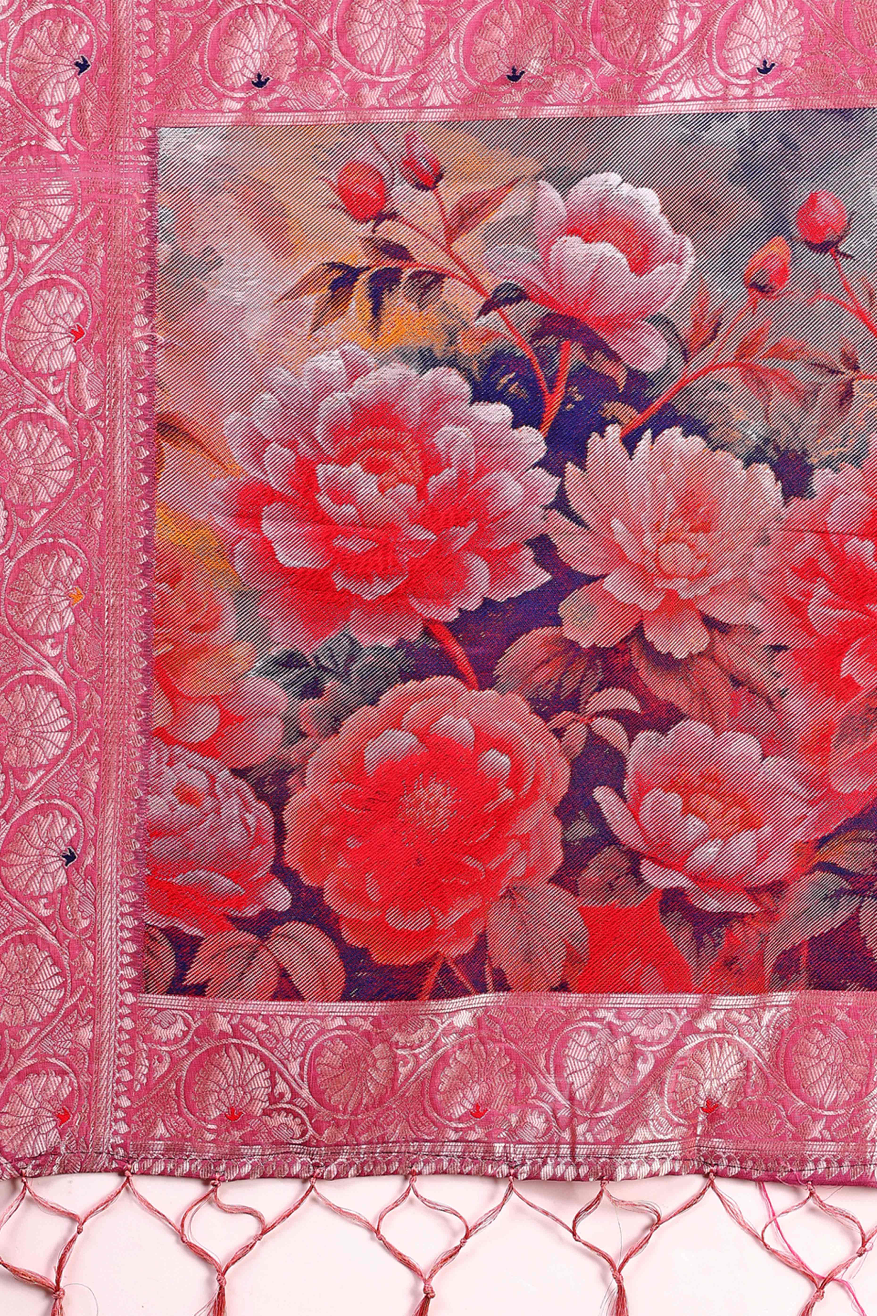 Pink Linen Cotton Silk Saree Adorned With Intricate Floral Zari Weaving & Tassel Pallu