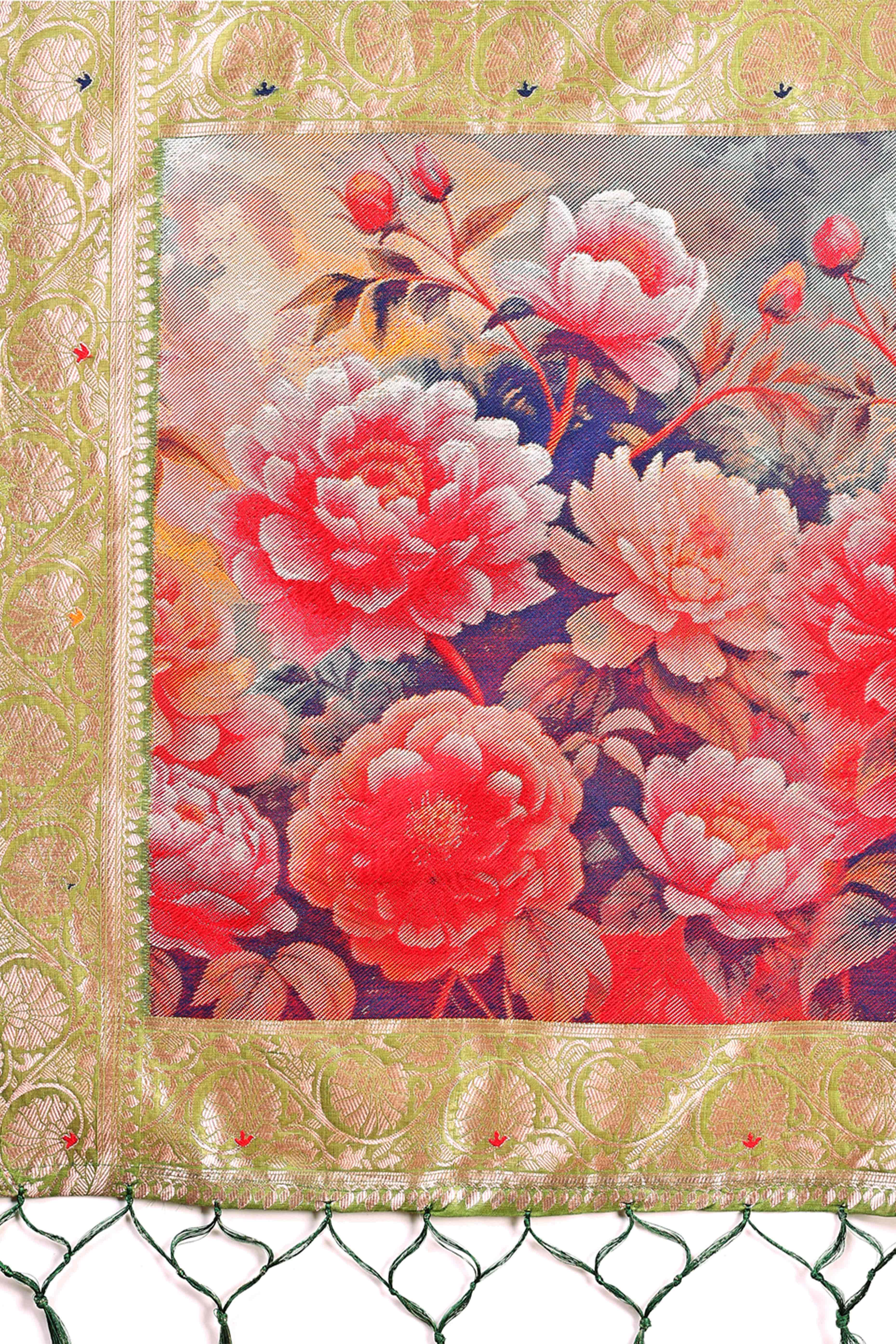 Green Linen Cotton Silk Saree Adorned With Intricate Floral Zari Weaving & Tassel Pallu