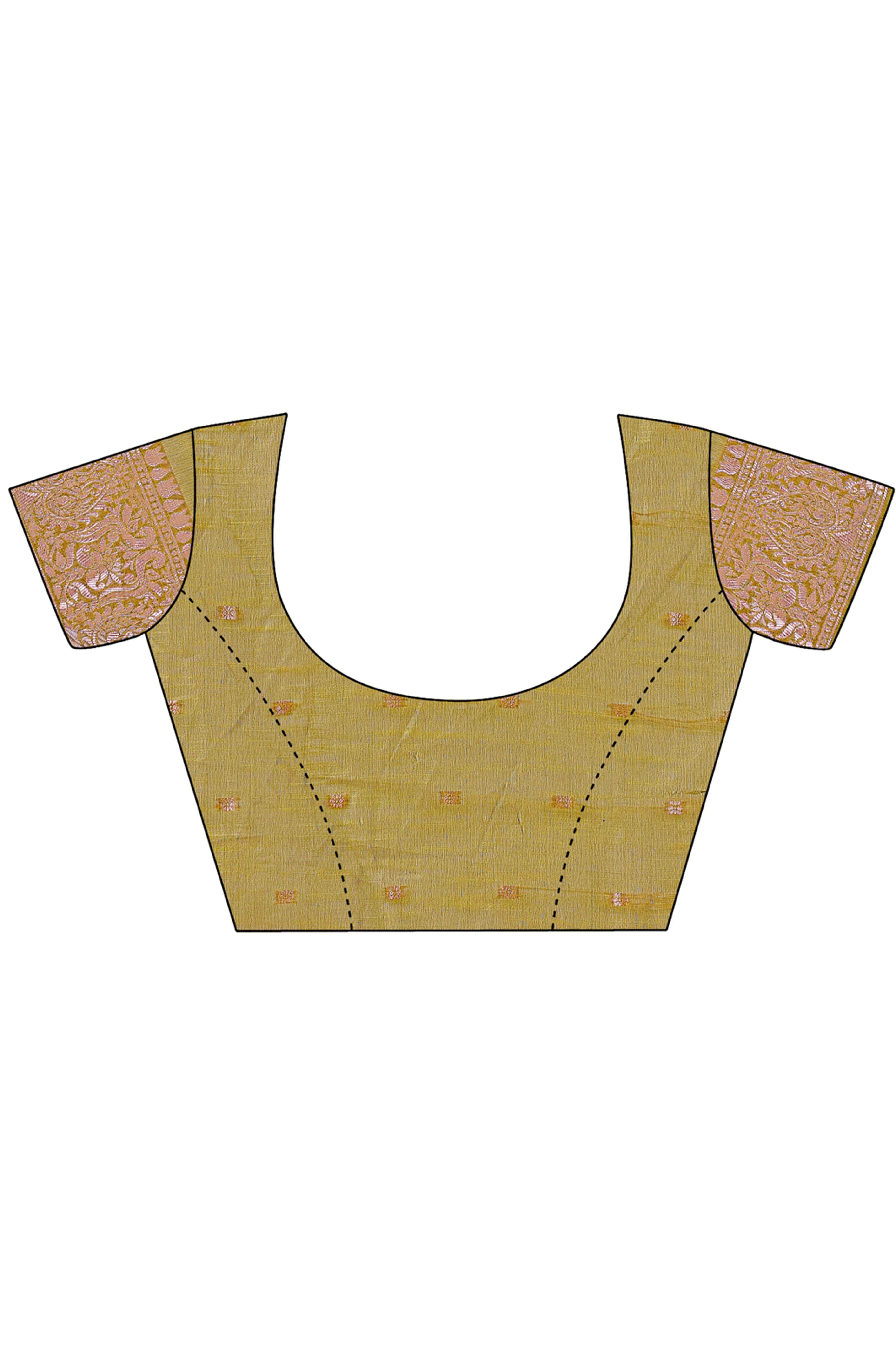 Olive Green Linen Cotton Saree With Floral Zari Weaving & Delicate Tassel Border