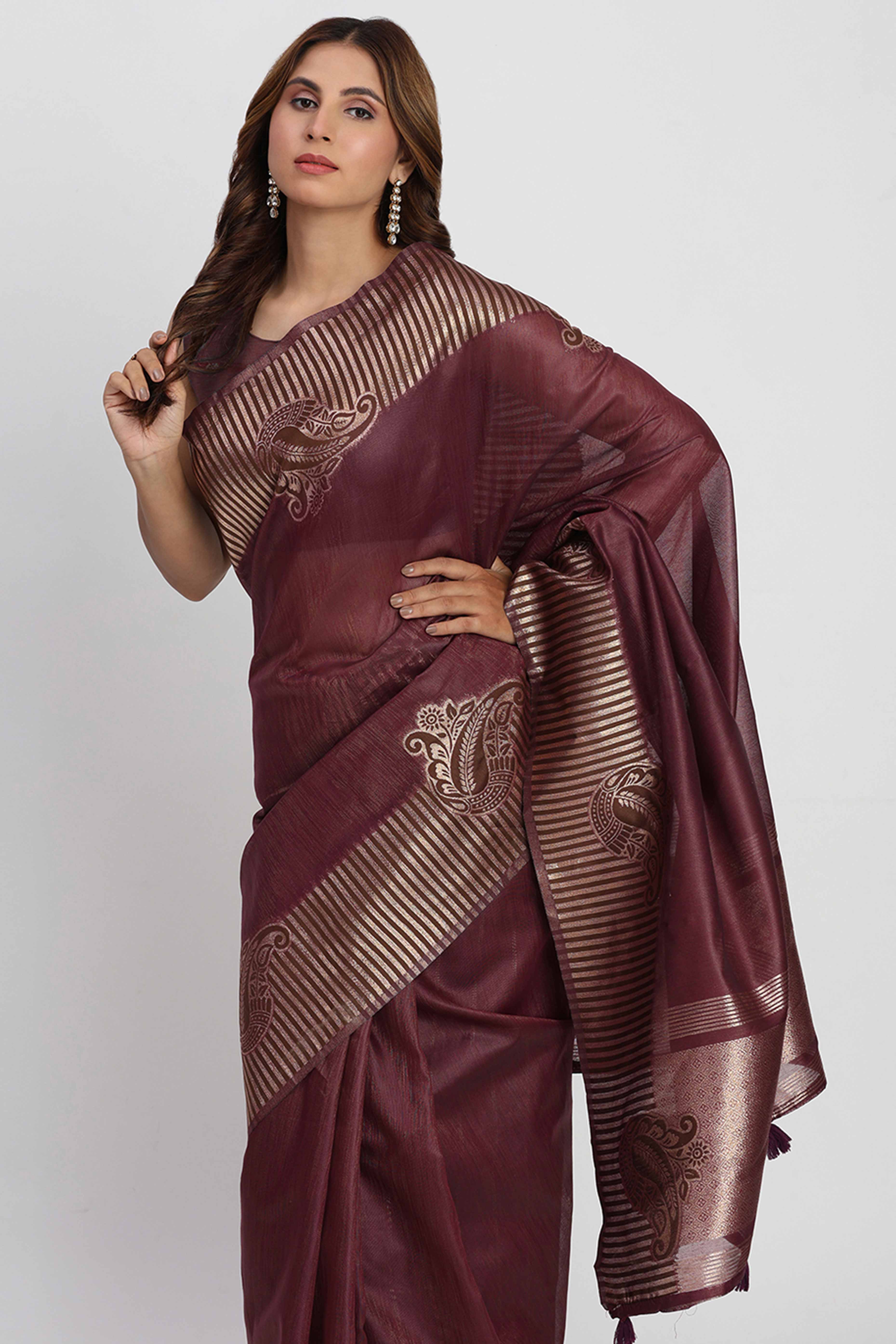 Linen Cotton Saree in Wine Hue Featuring Rich Zari Weaving
