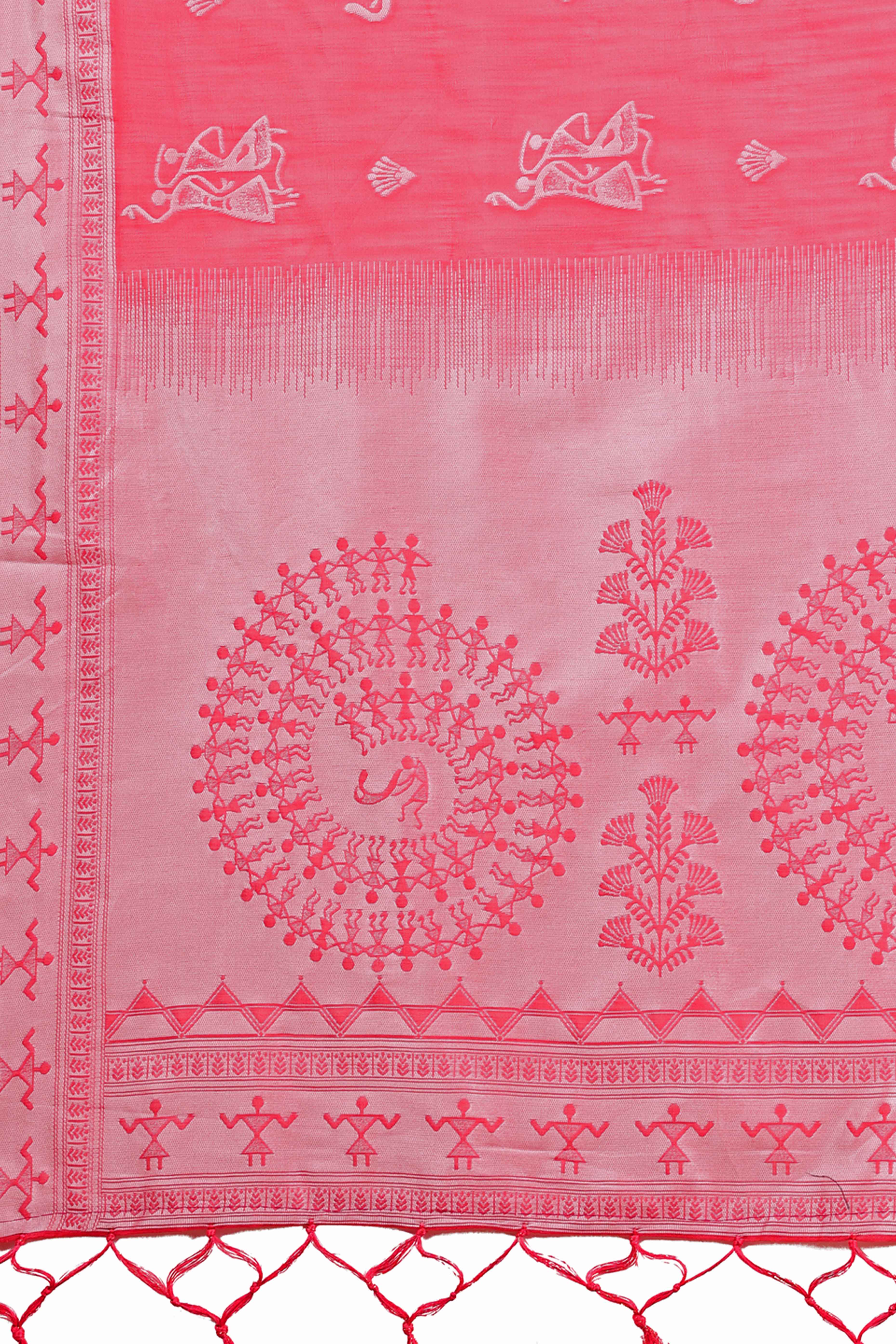 Pink Ethnic Saree in Soft Linen Cotton Fabric Featuring Warli Art Weaving