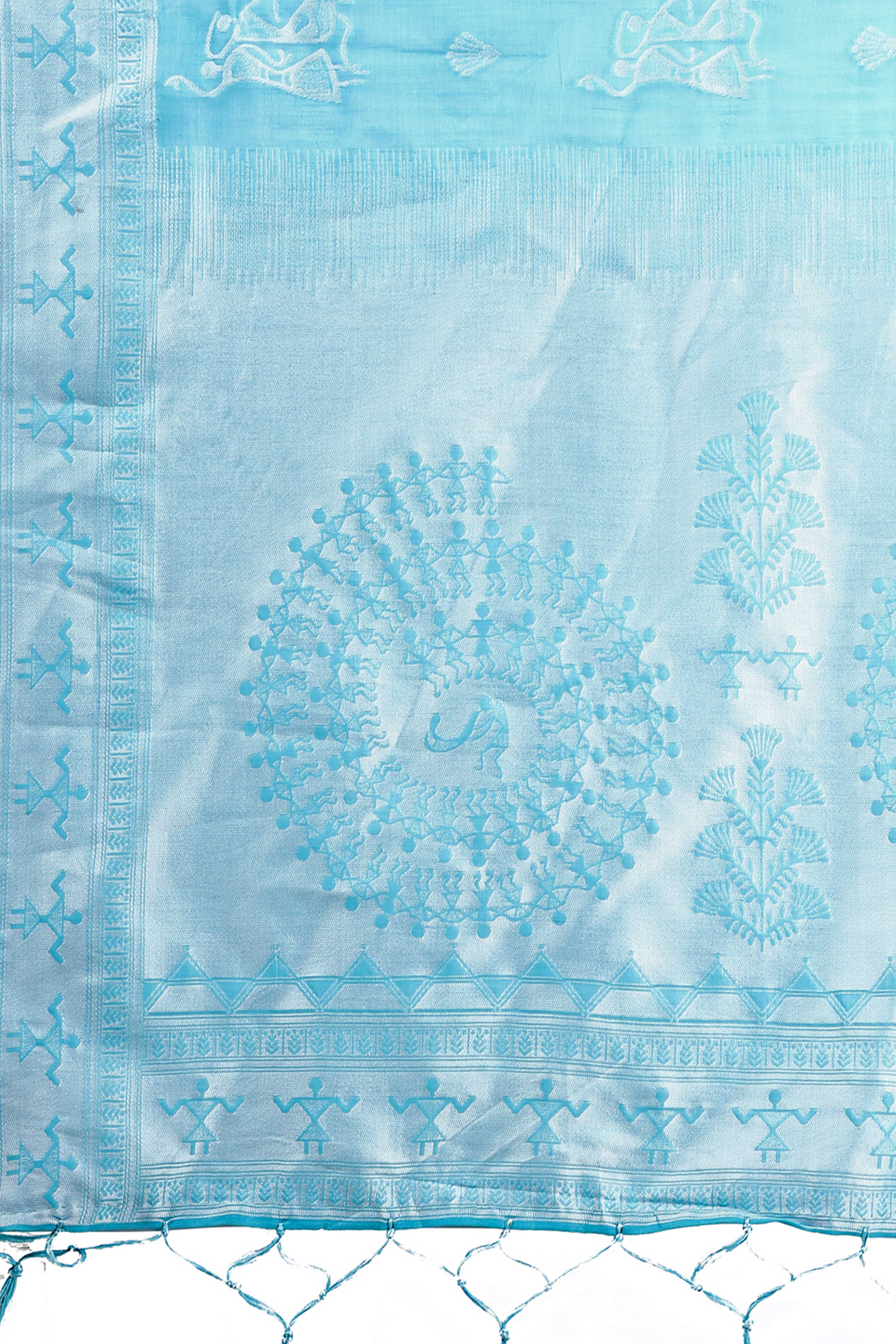 Sky Blue Ethnic Saree in Soft Linen Cotton Fabric Featuring Warli Art Weaving