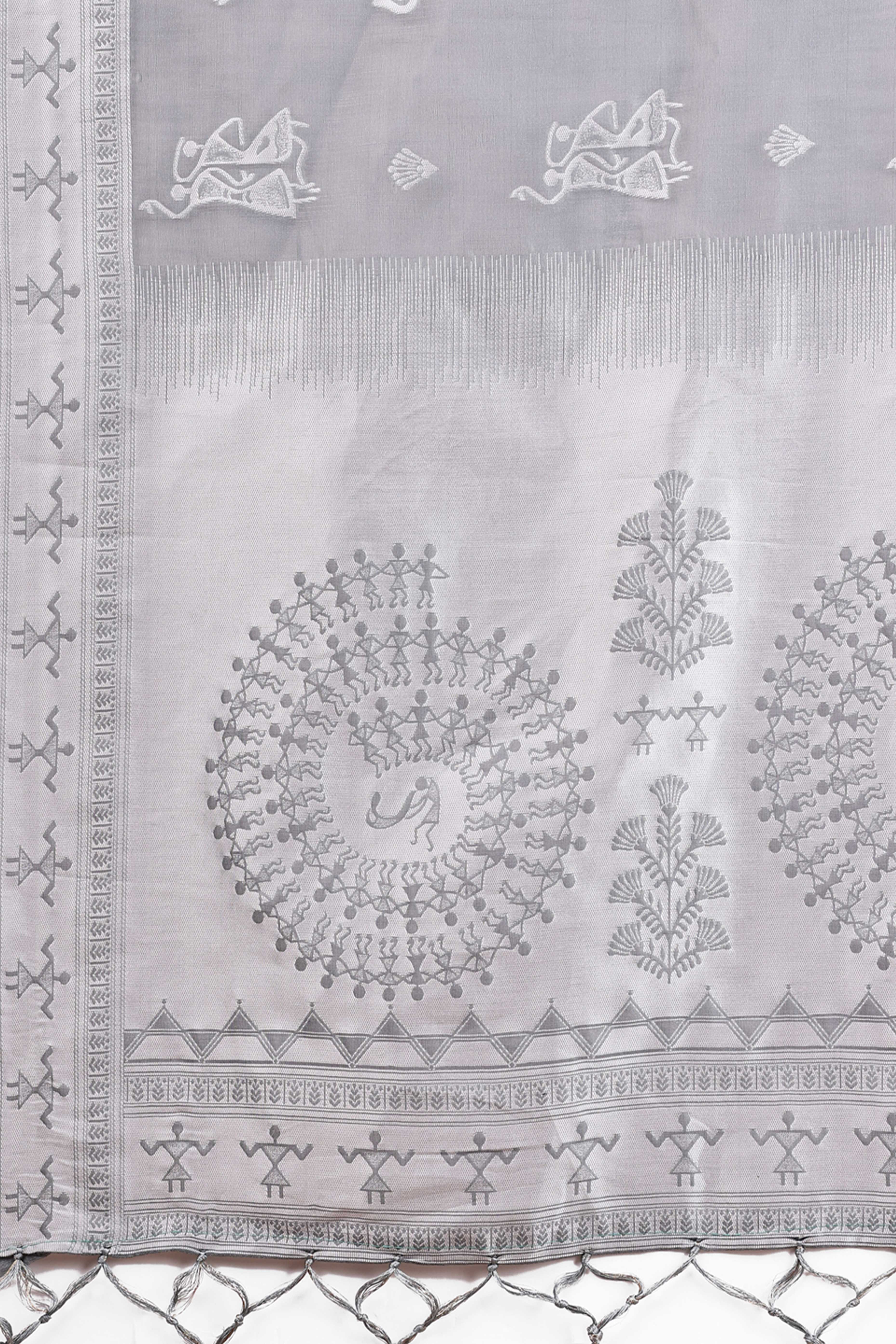 Grey Ethnic Saree in Soft Linen Cotton Fabric Featuring Warli Art Weaving